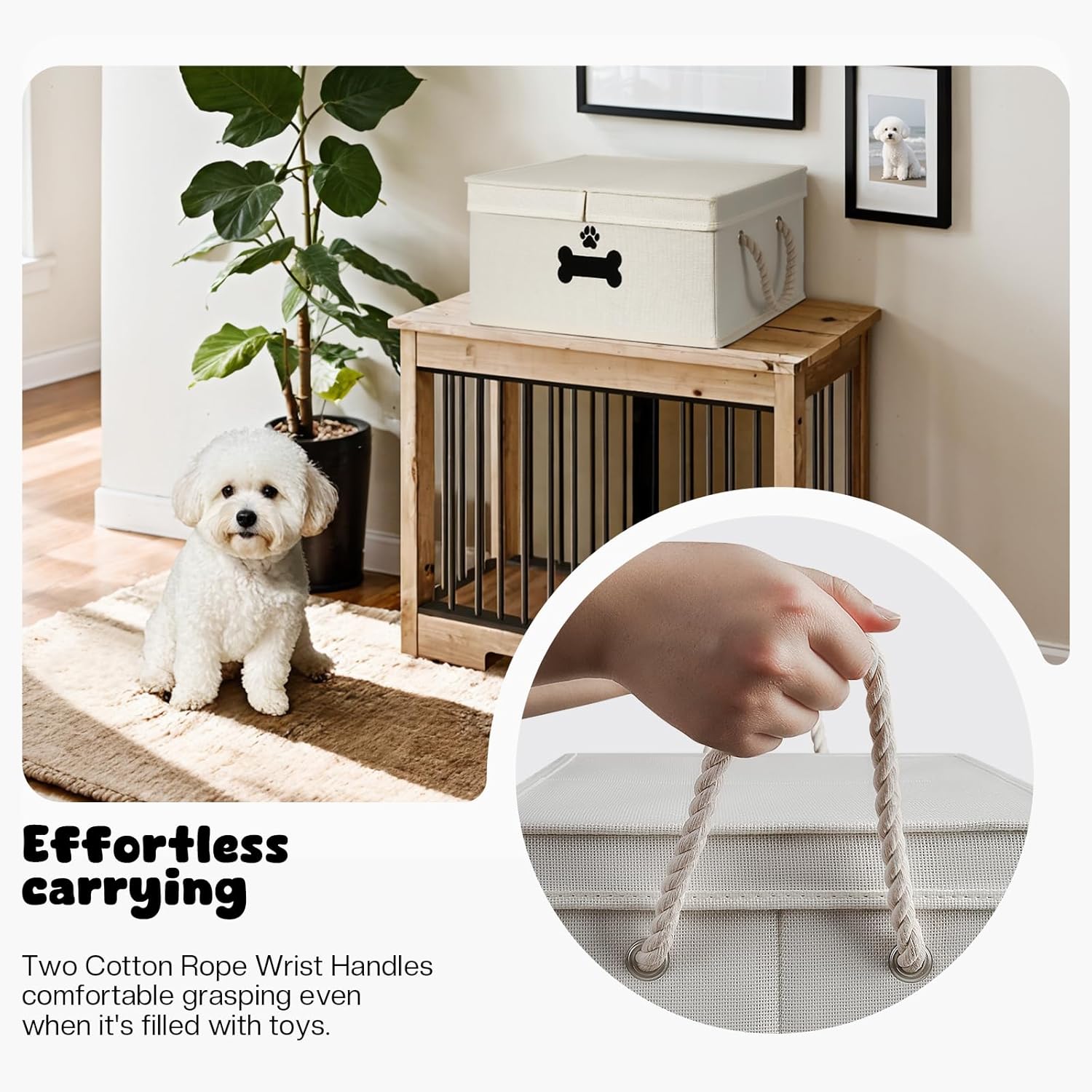 Dog Toy Basket with Double-Open Lid, Divided Dogs Basket for Toys, Collapsible Pet Toy Box, Dog Storage Organizer with 2 Divided Area, Puppy Toys Baskets with Rope Handles, Beige
