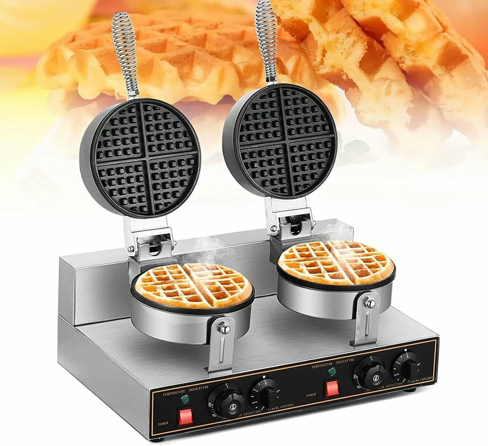 Máquina de gofres redondas comerciales Máquina para hacer gofres eléctricos antiadherentes Máquina de torta de rejilla comercial Control de temperatura y tiempo Máquina de gofres belga para panaderías