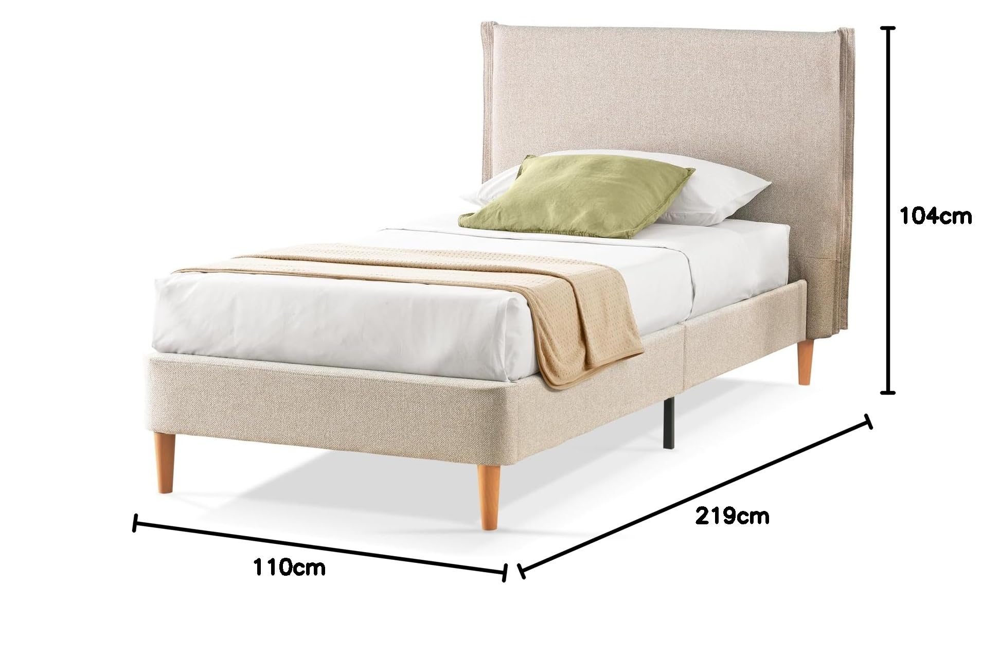 EVERGREENWEB Letto Singolo in doghe in legno con Testata e rivestimento in tessuto Beige | facile da montare |Adatto per materasso cm 90x200 | Letto di Design |Mod. Parigi
