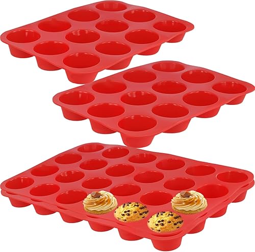 Juego de 4 moldes de silicona para magdalenas, 2 mini 24 tazas y 2 moldes regulares de silicona para hornear magdalenas para hacer magdalenas de