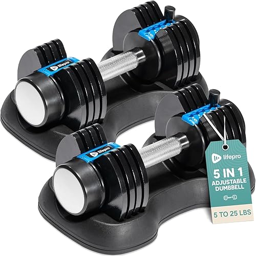 LifePro Adjustable Dumbbell Set 5-in-1 Adjustable Free Weights Plates and Rack - Hand Weights for Women and Men - Dumbbell with 25 - 50 Pounds -