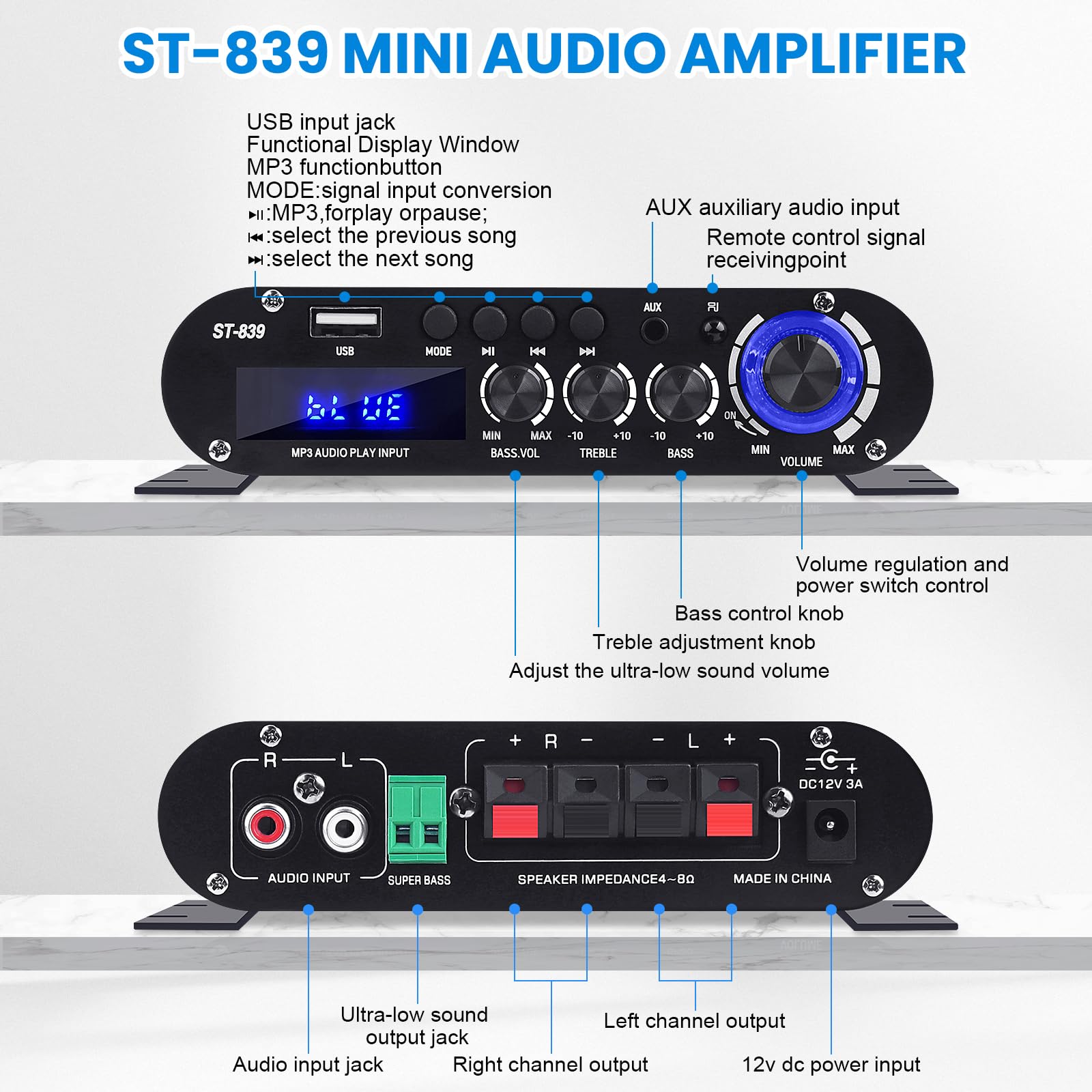 ST-839 amplificador Bluetooth 2.1 canales estéreo amplificadores receptores RMS 25x2 + 40W Max.100W Audio Amplificadores de potencia para el hogar Mini Sub amplificadores con agudos y graves, BT/USB