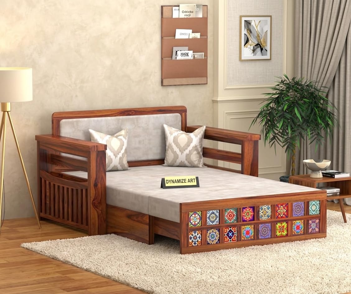Sheesham Wood 2 Seater Sofa Cum Bed with Storage for Living Room | Single Size Foldable Wooden Bed Without Pillow | Honey Finish-image-49