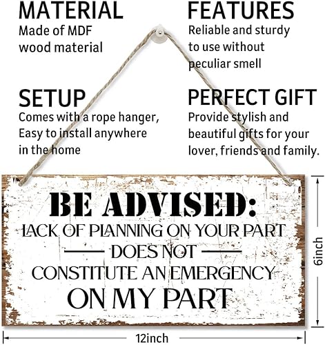 Miniatura 3 de Razpah Letrero decorativo, letrero de madera, divertido letrero de oficina, con texto en inglés "Lack of Planning Does Not Constitute an Emergency",