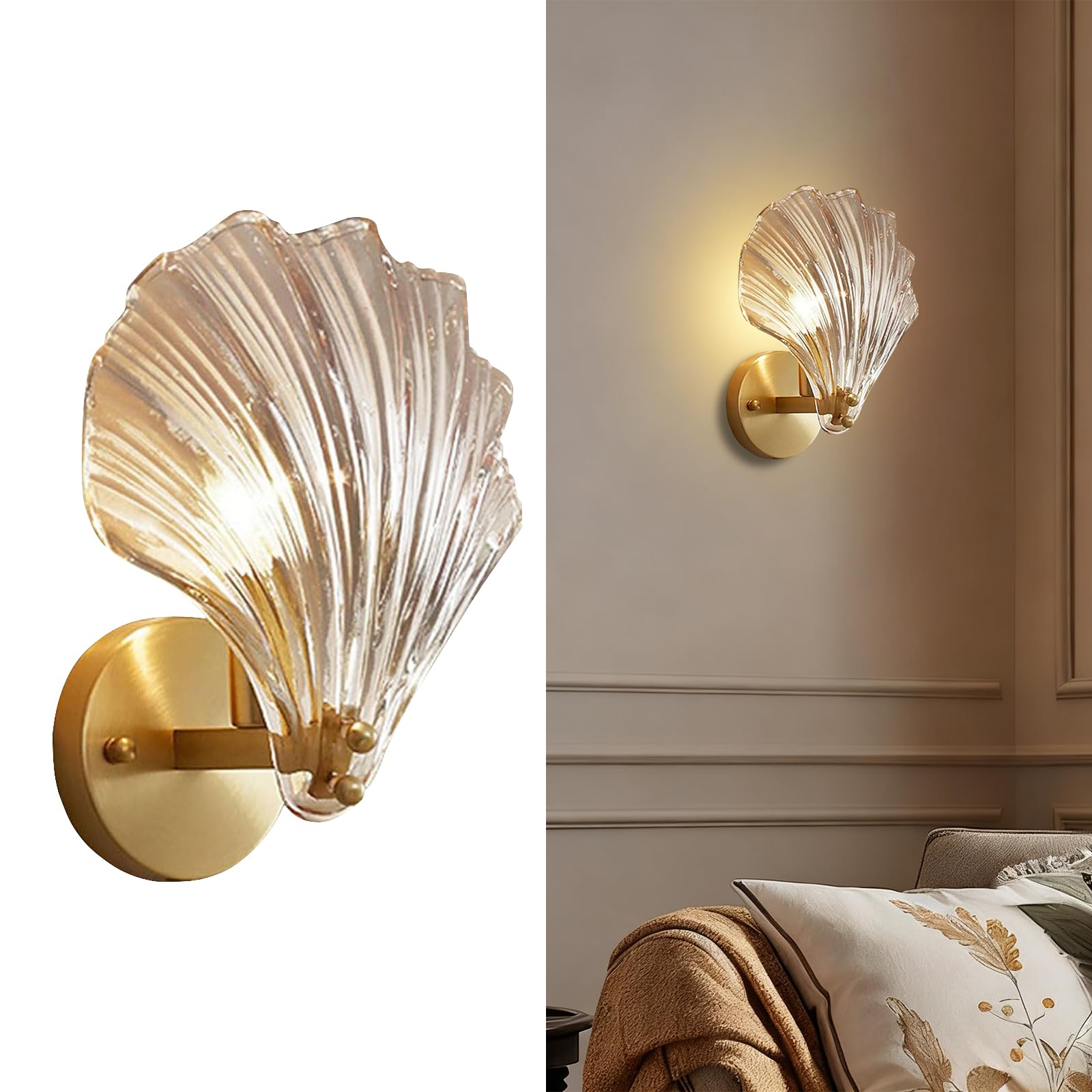 KlkrzJwy Modern Crystal Wall Light, Brass Base Shell Wall Sconces Lamp, E14 Gold Crystal Wall Lamp Wall Lighting Fixtures For Bedside Bedroom Living Room Corridor Dining Room Hallway (Amber)