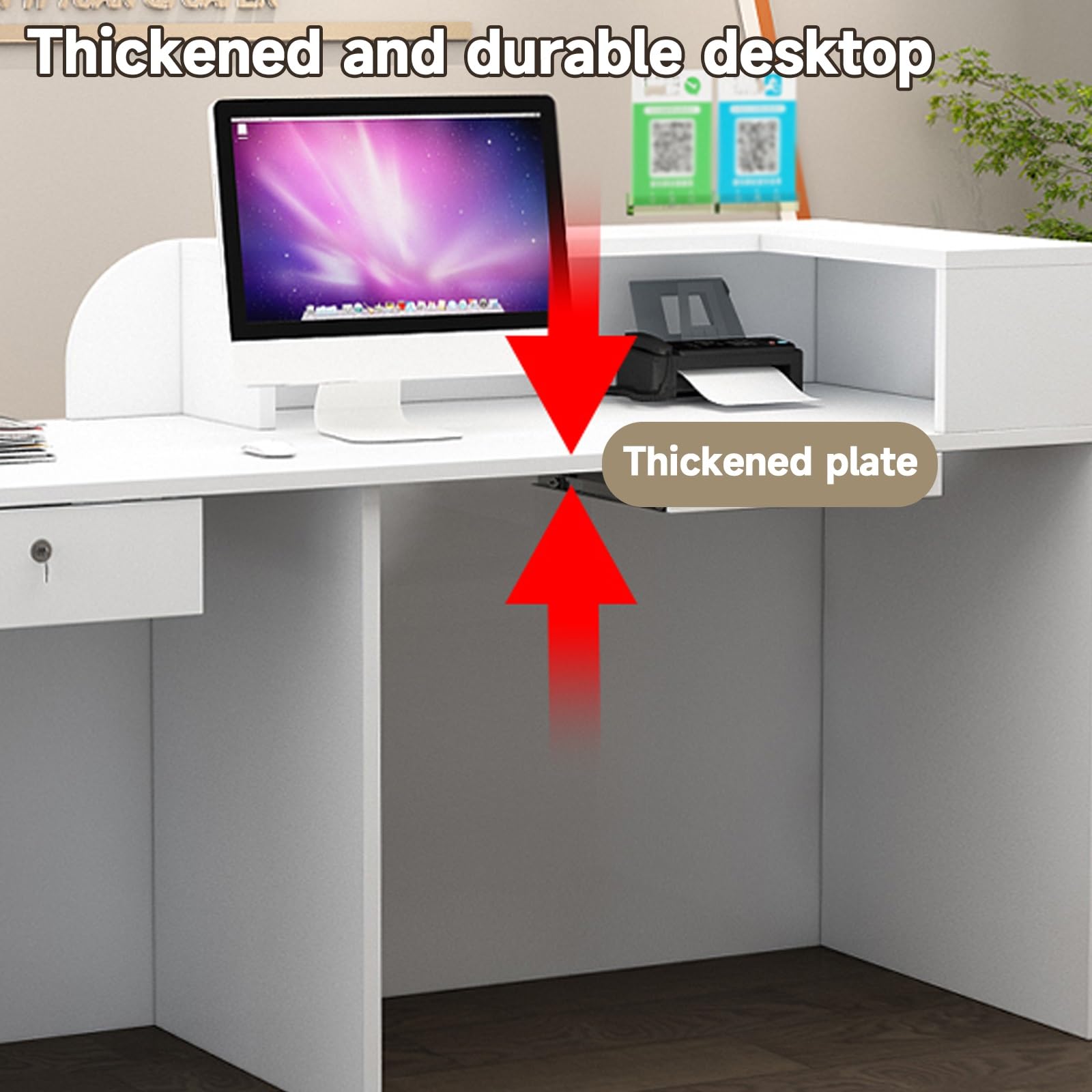 Moderno ufficio reception scrivania con luci LED, ampio spazio di archiviazione, finitura crema, 130 cm, ideale per aziende, hotel e spazi di lavoro