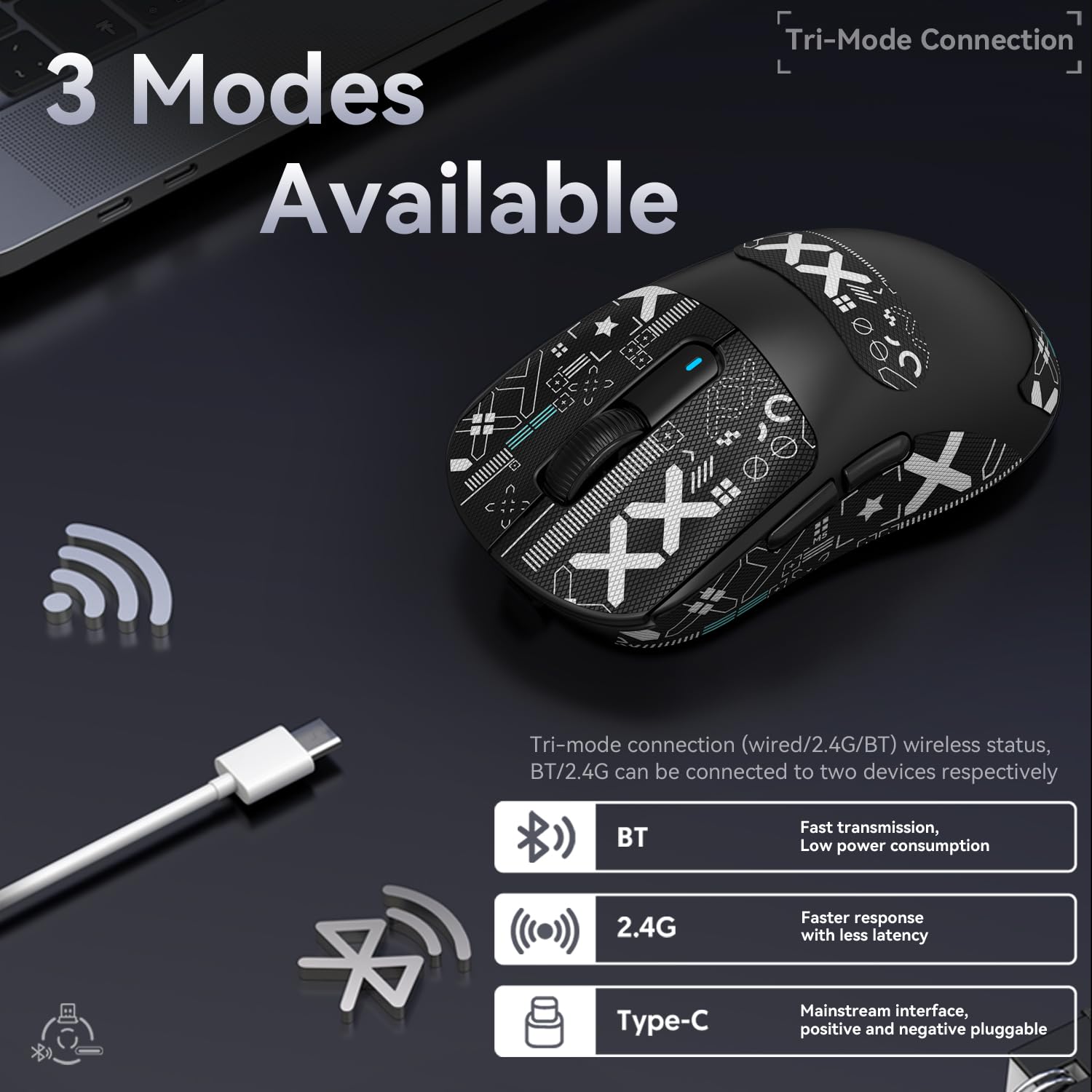 ATTACK SHARK X3 49g Superlight Mouse con Cinta, PixArt PAW3395 Gaming Sensor, BT/2.4G Wireless/Wired Gaming Mouse, 6 dpi Ajustable 26000, 200 Hrs Battery, Office Mouse para Win11/Xbox/PS/Mac (Negro)