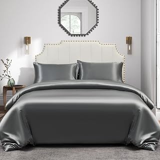 DuShow Satin Duvet Cover Set Gray Double,Soft Silky Duvet Cover And 2 Pillowcase Set,Lightweight Cooling Comforter Cover Set(Gray,Double)