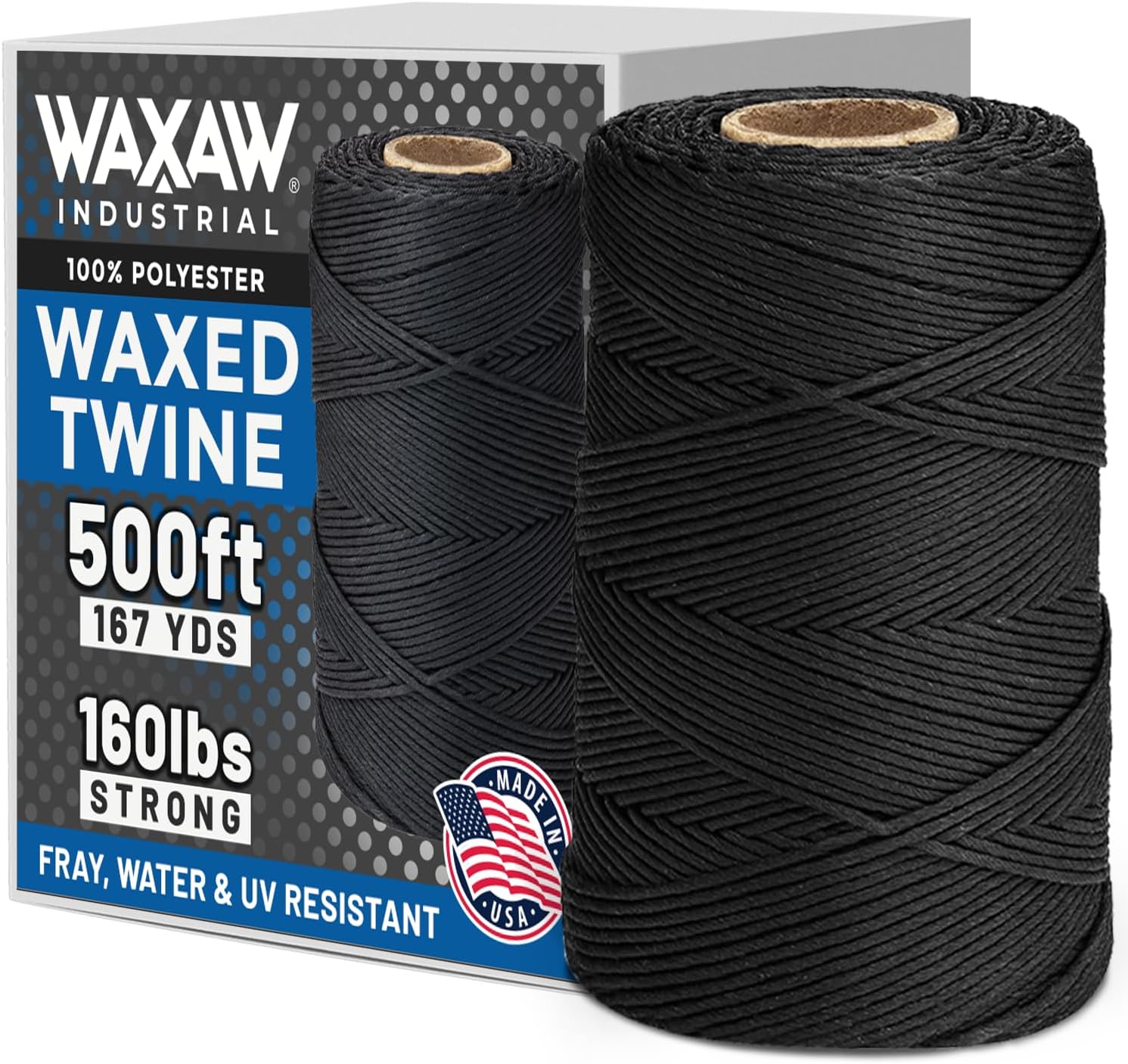 9-Ply Black Waxed Lacing Cord Twine with Dispenser Box 160 Lbs Tensile Strength (1-Roll) 500 Feet Spool 100% Polyester Cable Tie Down USA Made