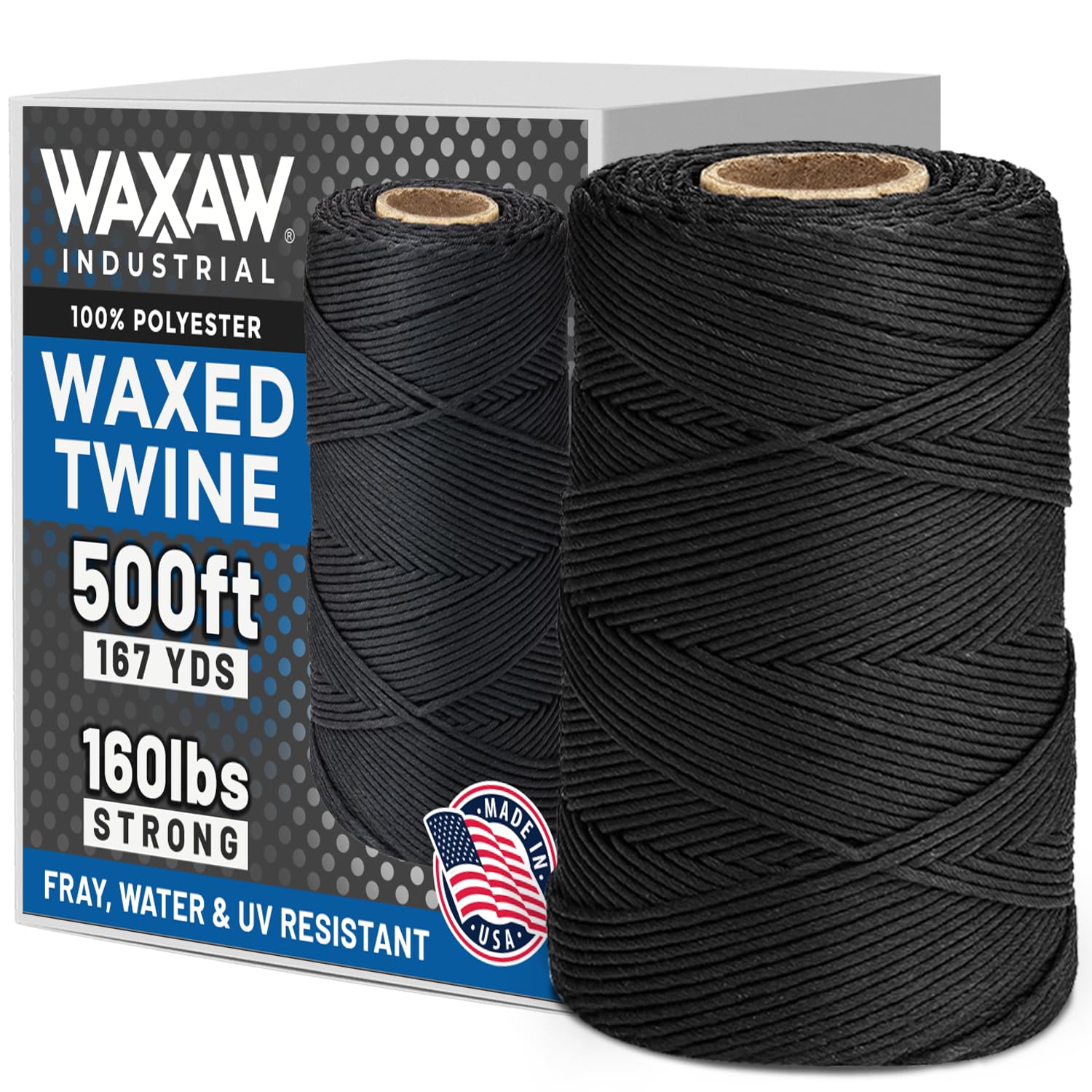 9-Ply Black Waxed Lacing Cord Twine with Dispenser Box 160 Lbs Tensile Strength (1-Roll) 500 Feet Spool 100% Polyester Cable Tie Down USA Made