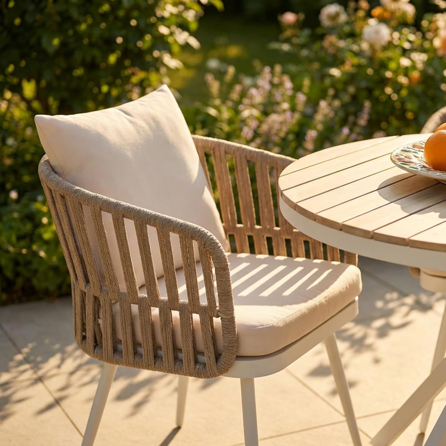 SUNSITT Patio Dining Chairs Set of 2, Outdoor Metal Dining Chairs with Woven Rope, All-Weather Patio Arm Chairs w/Cushions, Porch, Garden, White