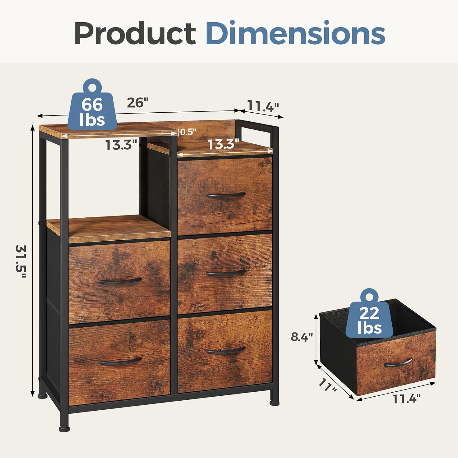 DUMOS TV Stands for Bedroom with 5 Drawers, 5-Drawer Chest of Drawers with Raised Shelf, Storage Tower with Fabric Bins for Closet Organization, Hallway Storage, Brown