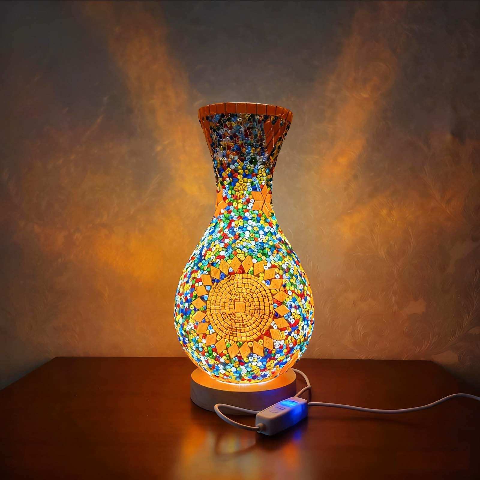 wpdash Turkish Moroccan Style Mosaic Vase Table Lamp Colorful Glass Table Light with Wood Base USB Charge for Girl's Room Bedroom Living Room Balcony Nursery（5.11in*11in）