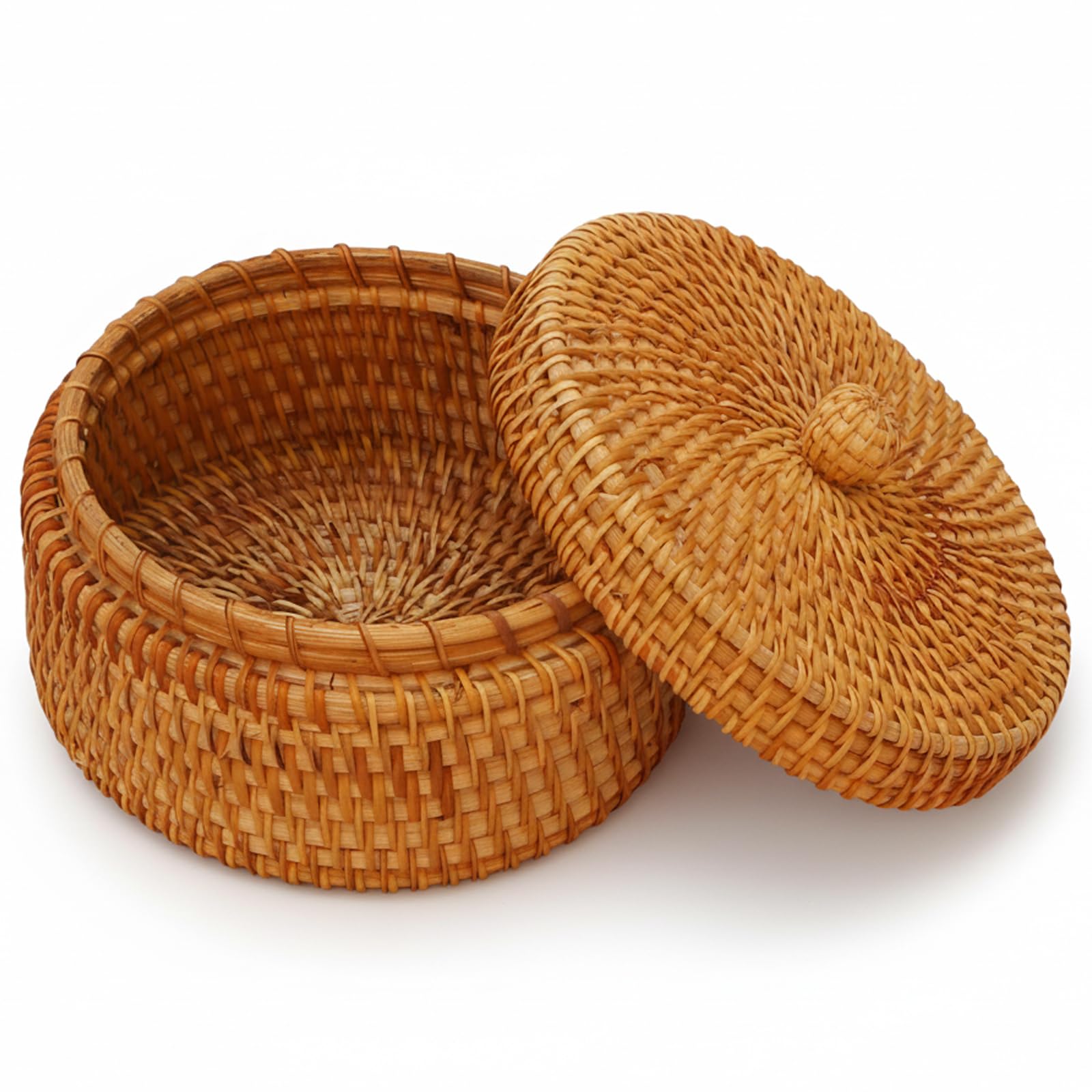 Ameble Natural Rattan Round Wicker Basket with Lid Decorative Storage Box for Home Organisation for Keys Snacks Fruits Storage Basket