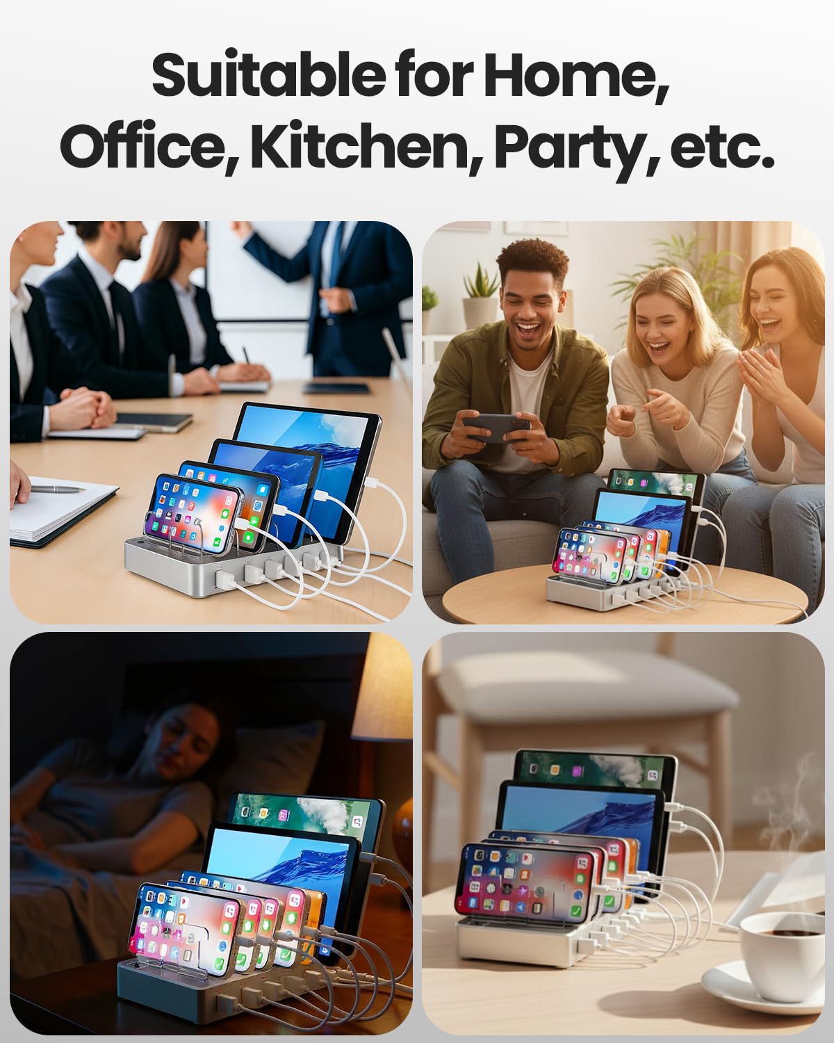 Station de charge USB à 6 ports avec 6 câbles inclus, hub de charge rapide pour iPhone, téléphone portable, tablette, montre intelligente – Organiseur de bureau multi-ports (argenté)