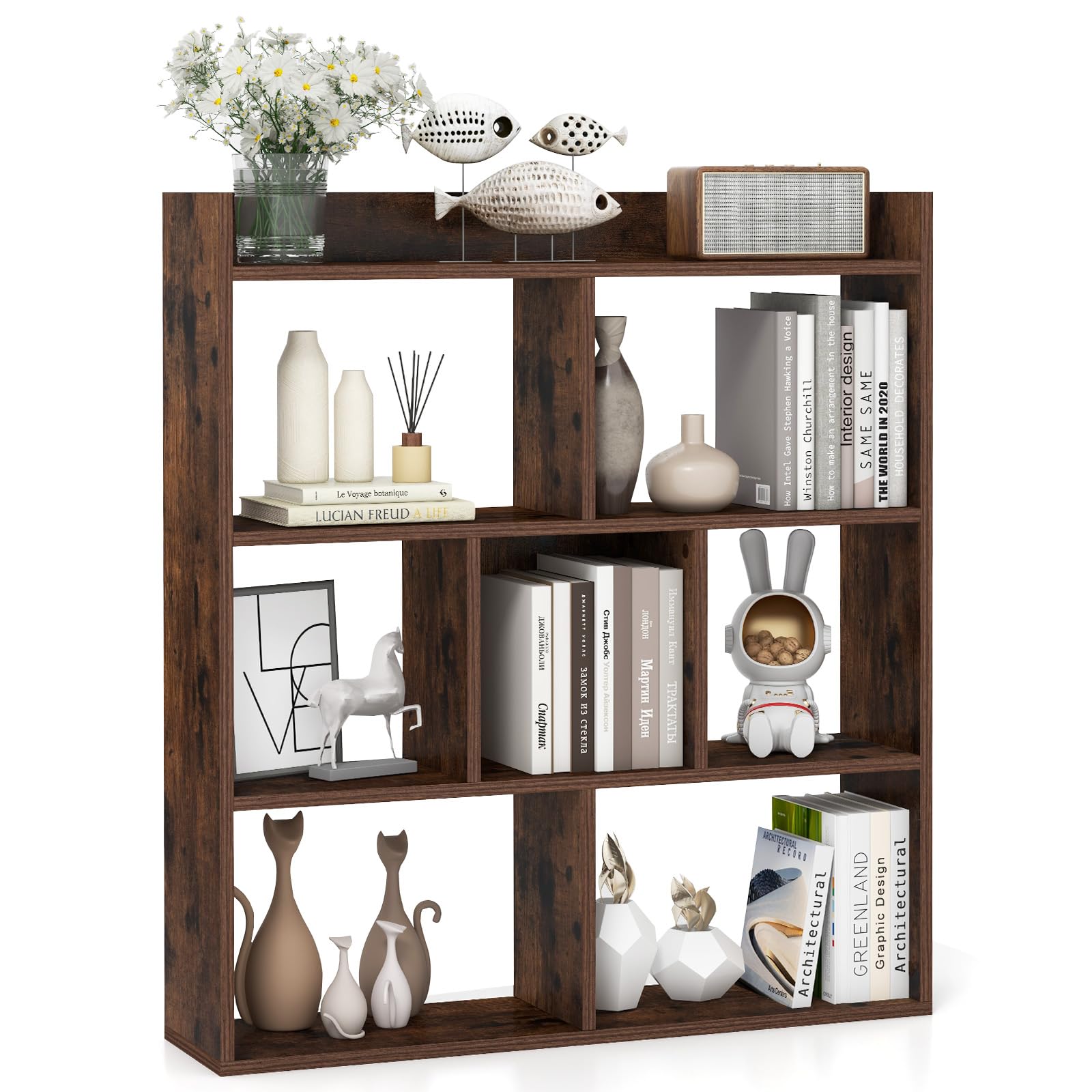 COSTWAY Libreria a Cubi con 7 Scomparti, Mensola Espositiva per l'Archiviazione, Libreria in Legno con Dispositivi Anti-Ribaltamento, per Studio Soggiorno, 80x20x90 cm (Caffè)