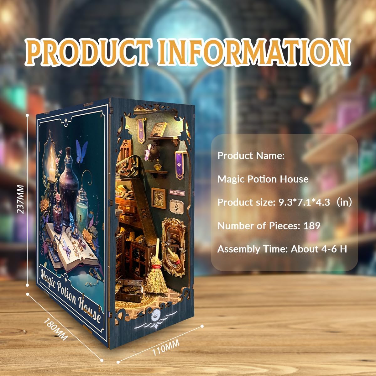 Diagram showing the dimensions and key information for the Magic Potion House book nook kit, including product name, size, number of pieces, and assembly time.