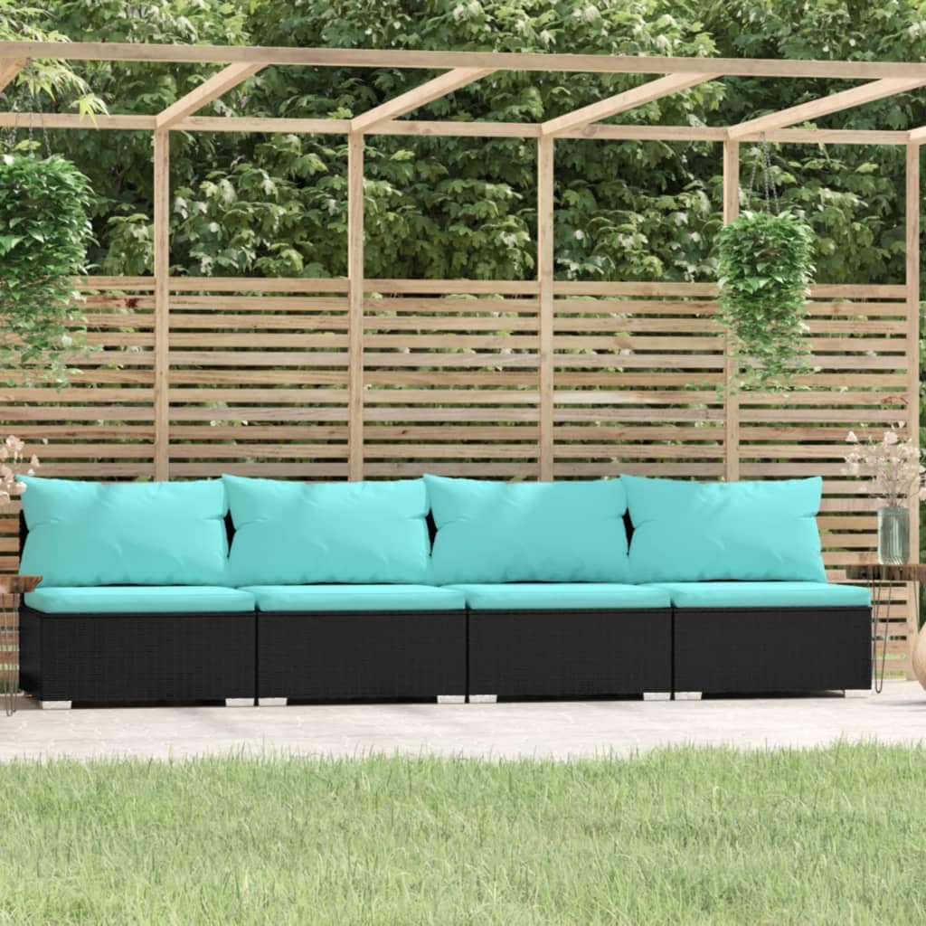 4-Seater Black PE Rattan Sofa, Powder-Coated Steel Frame, Plush Polyester Cushions for Outdoor Patio Seating