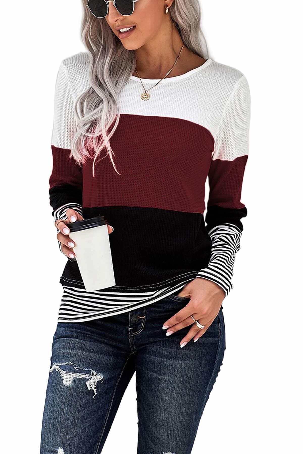 Smeng Women's A-Red-1 T Shirts For Uk Crewneck Sweatshirt Workout Long Sleeve Oversized Top Blouse Patchwork Pullover Color Block Clothes Wine Red Size (Uk18-20)