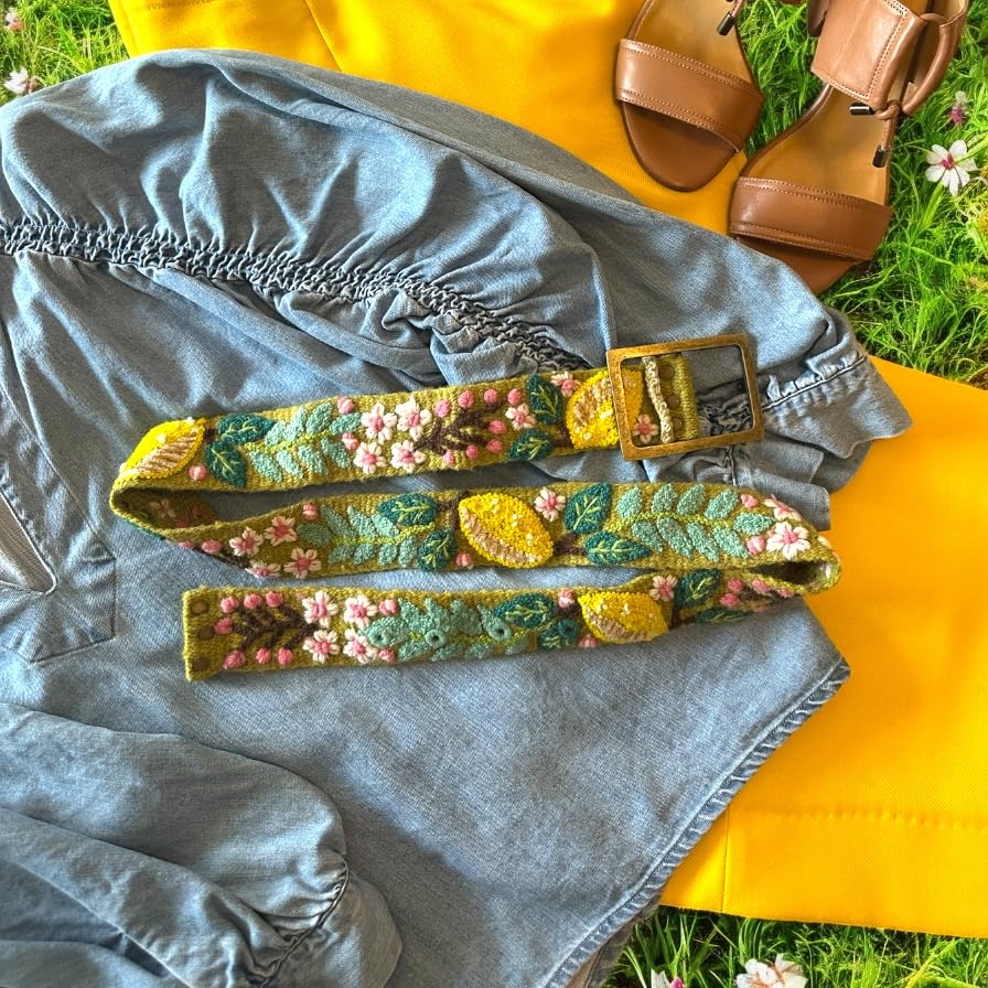 Peruvian Embroidered Flower Wool Belt, Hand Embroidered, Fair Trade - "Lemons and Leaves Belt"3