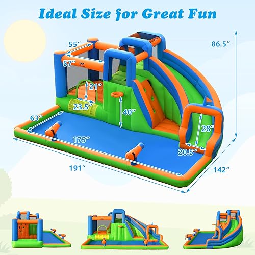 Vista 24 de BOUNTECH Castillo inflable para tobogán acuático, castillo de salto de parque acuático 6 en 1 para niños con 2 piscinas de salpicaduras, anillo