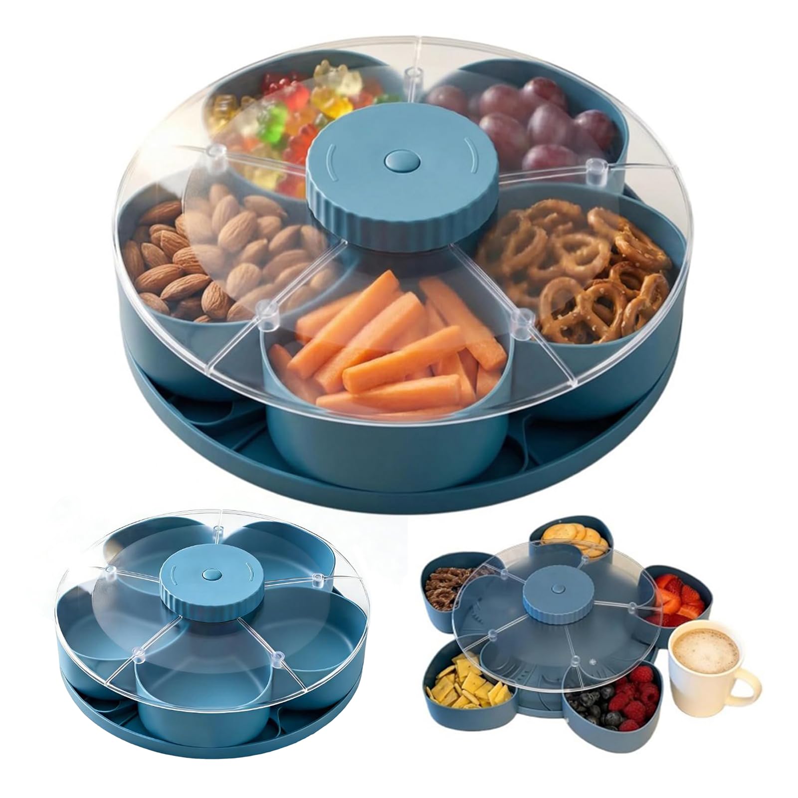 Light Blue Divided Serving Tray That Spins – Perfect For Snacks, Dips & Party Appetizers, Rotating Snack Box Container For Kids, Spinning Divided Serving Tray Organizer For Kitchen
