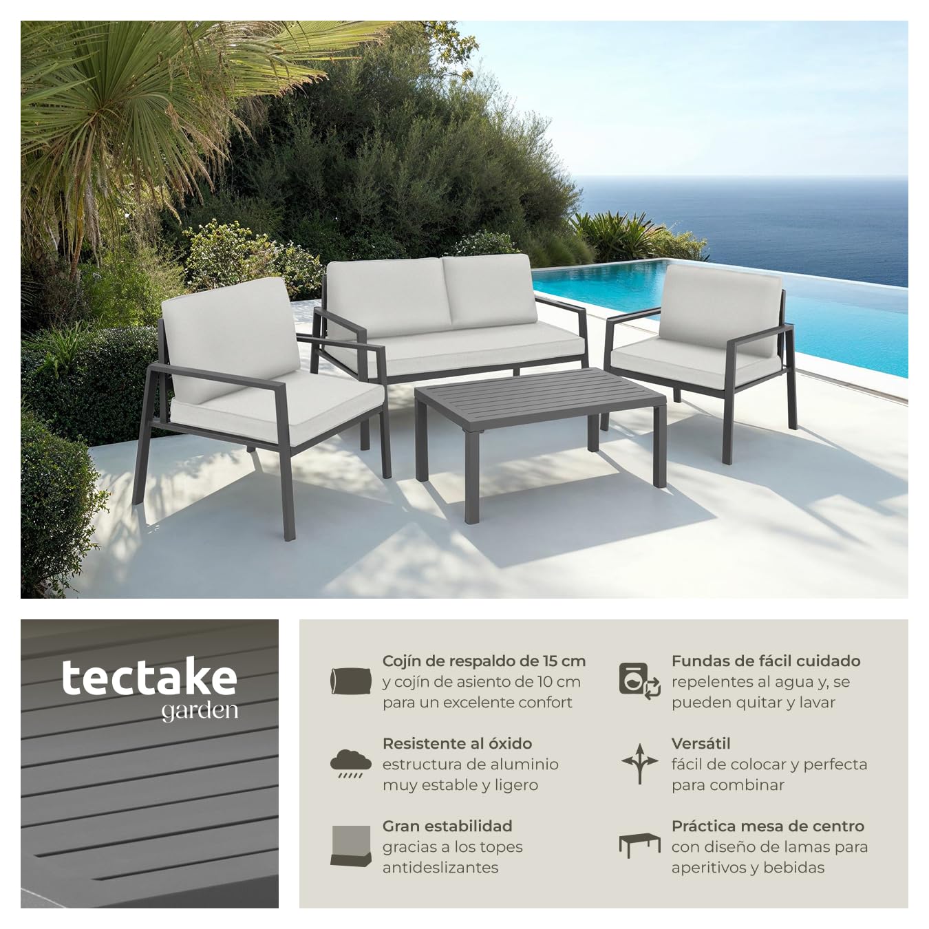tectake® Conjunto de Muebles de Jardín 4 Piezas, 2 Sillones con Cojines Extragruesos, Muebles Jardin Exterior, Sofa Jardin y Mesa, Estructura Robusto Impermeable, Muebles Terraza Exterior - Gris Claro