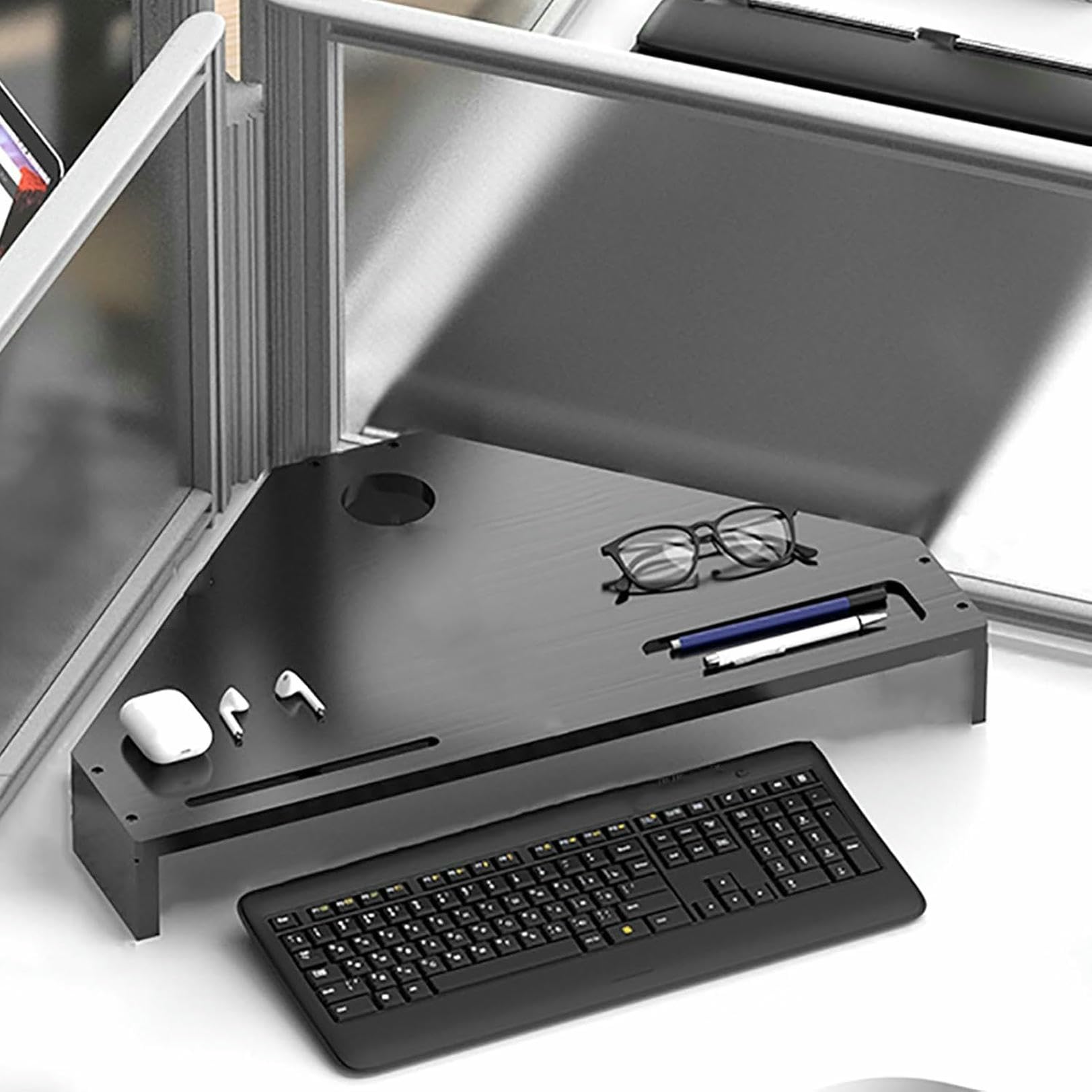 Supporto per Monitor da scrivania Triangolare in Legno massello, Ripiani angolari salvaspazio per Laptop, Supporti per schermi di Computer per Sale riunioni domestiche