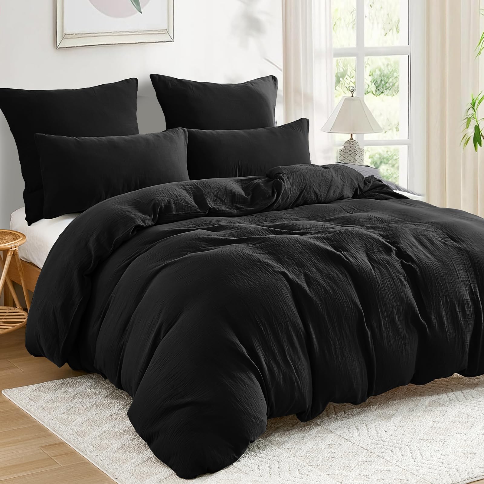 WONGS BEDDING Musselin Bettwäsche 135x200 Schwarz mit 80x80 Kissenbezug