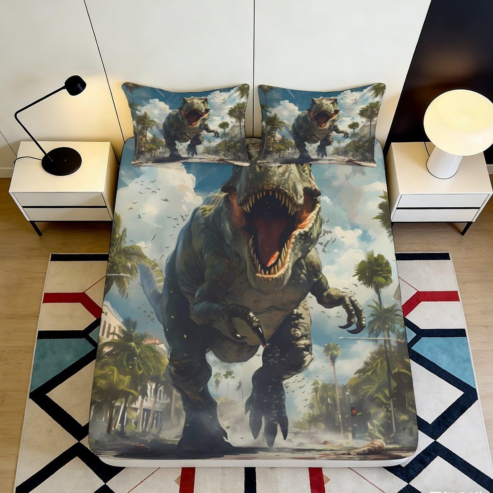 3D Printed Dinosaur Jungle Fitted Sheet Microfiber Soft Breathable T-Rex Bed Cover for Bedroom Dorm Mattress Protection Decor 180x200x25cm