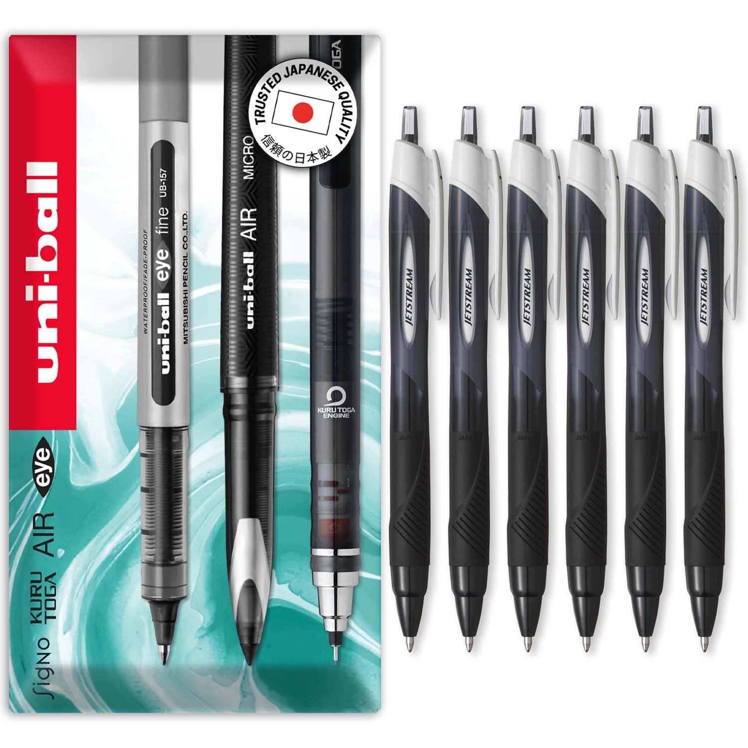 uni-ball Jetstream Sport SXN-150S Retractable Rollerball Pen - 1.0mm - Black Ink - Pack of 6 - In Envelope Gift Packaging