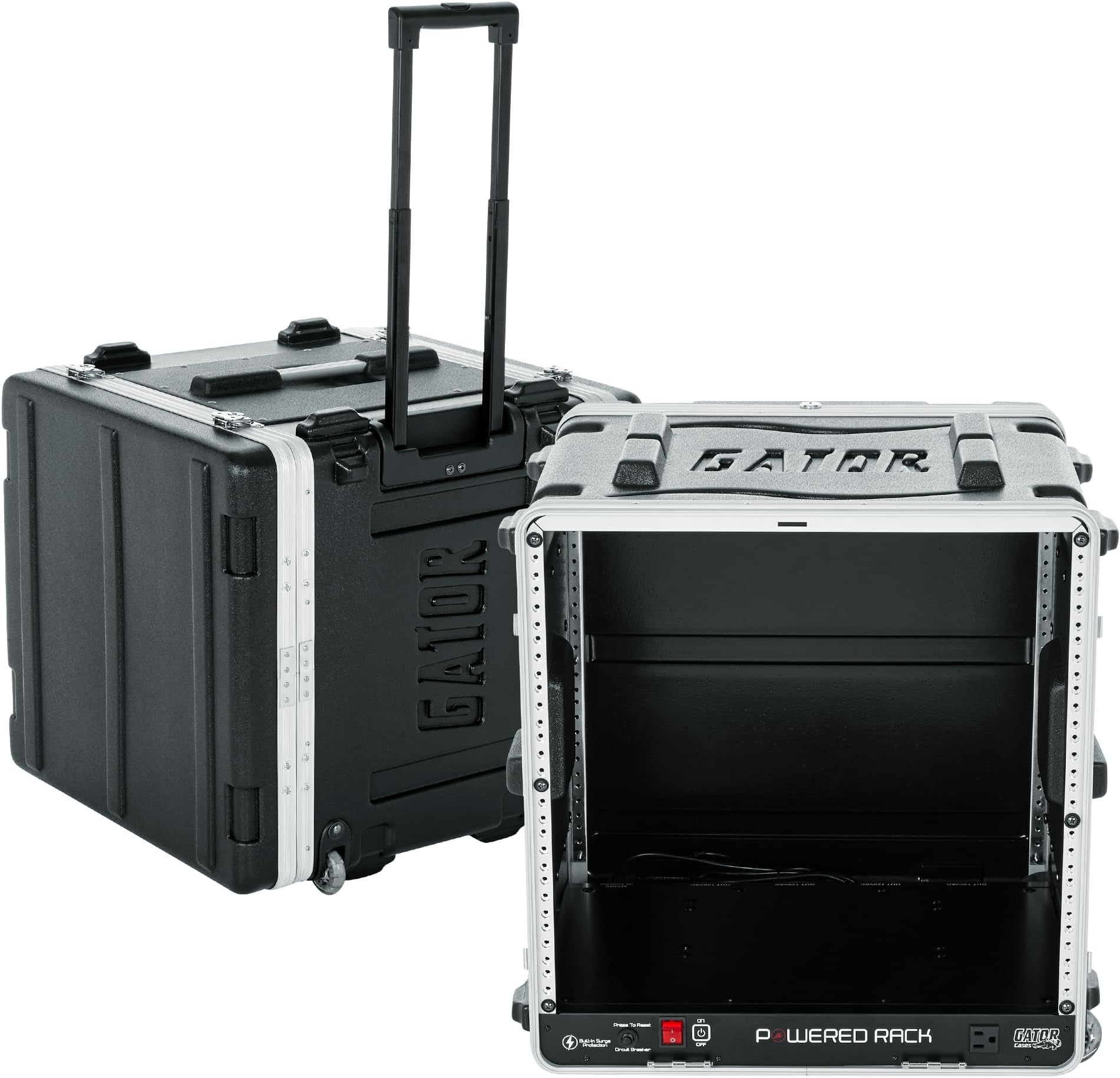 Cases Lightweight Molded 10U Rack Case with Built-in Power Supply, Heavy Duty Latches, Retractable Tow Handle, and Recessed Wheels, 19.25" depth (GRR-10PL-US)