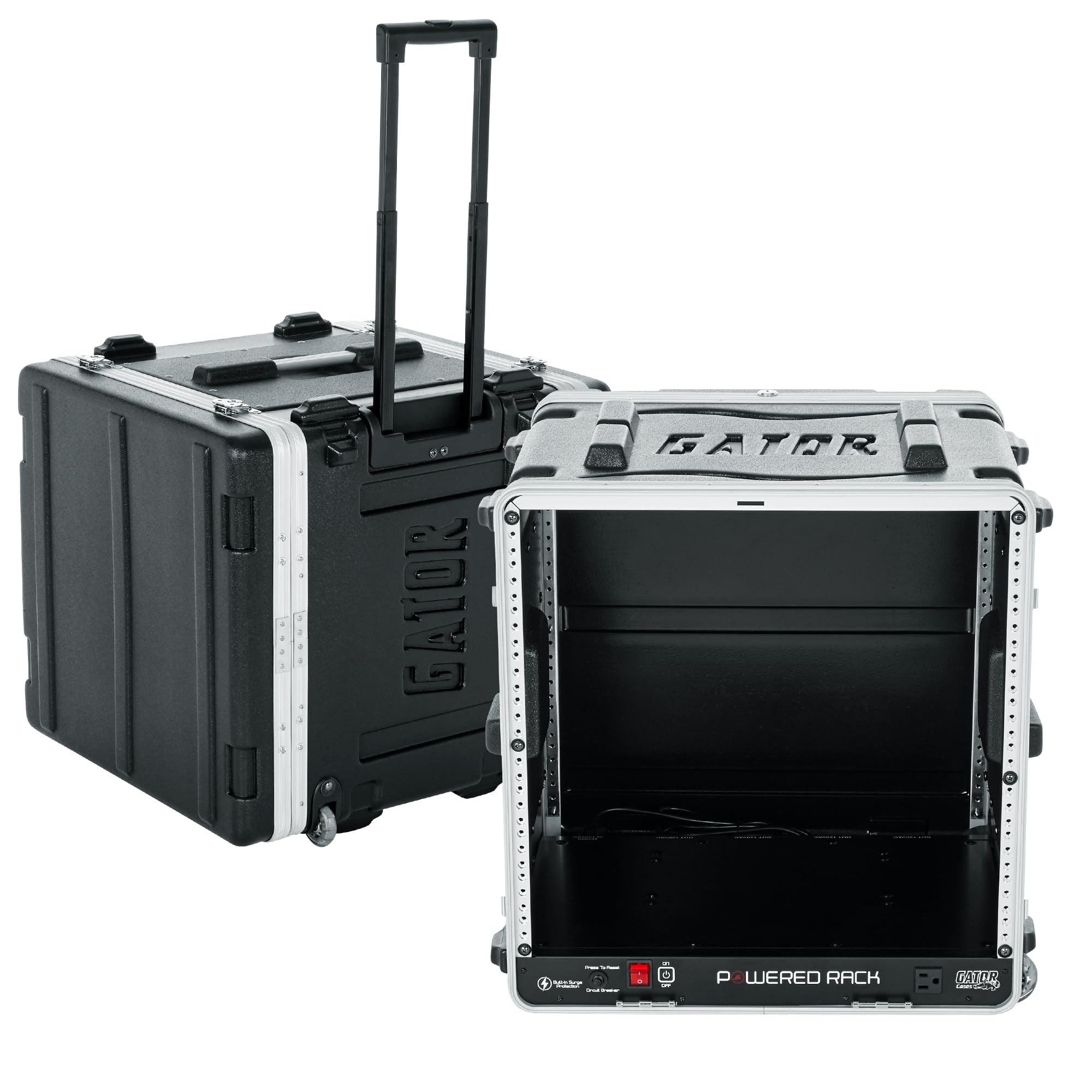 Gator Cases Lightweight Molded 10U Rack Case with Built-in Power Supply, Heavy Duty Latches, Retractable Tow Handle, and Recessed Wheels, 19.25" depth (GRR-10PL-US)