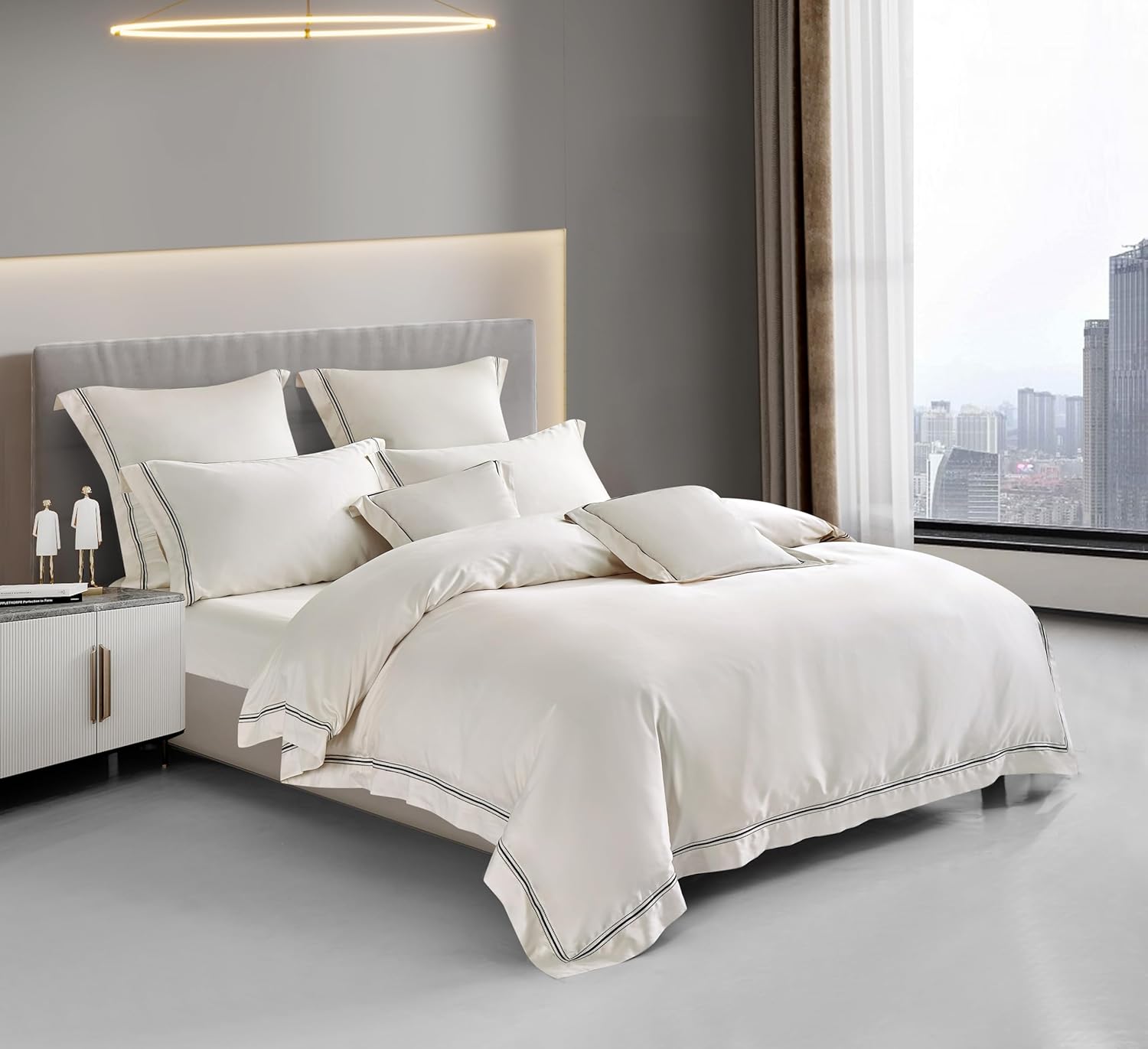 3Pcs Duvet Cover Set Egyptain Cotton Champagne Lace Luxury Wedding Collection (Off White, Queen) - Image 2