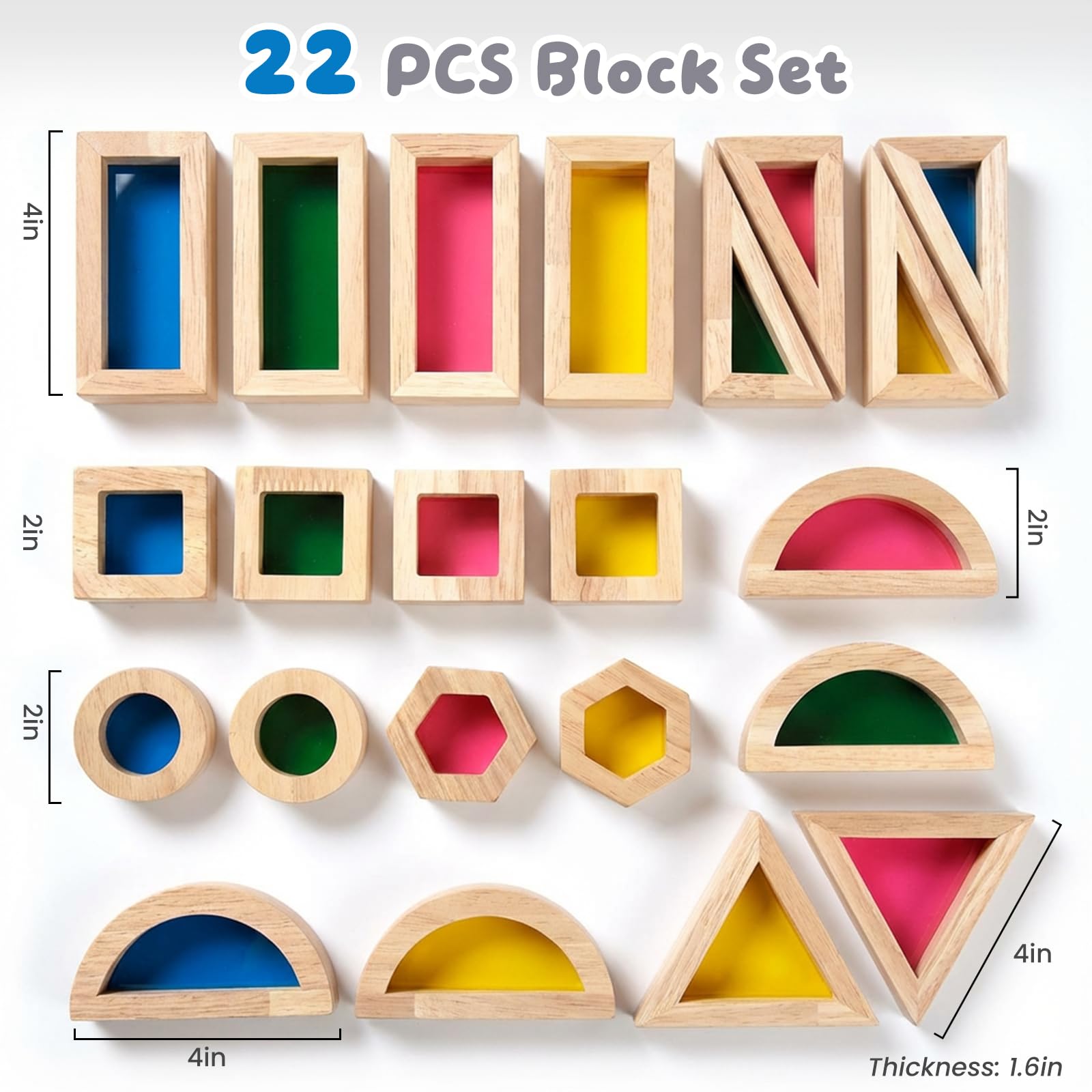 WOODENFUN 32 Pièces Blocs de Construction Arc en Ciel Acryliques Montessori Jouet pour Enfants en Bois de Caoutchouc Blocs Acryliques Transparents Arc en Ciel (22pcs)