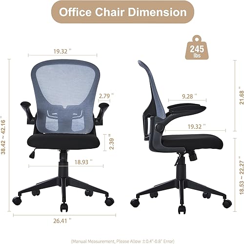 Miniatura 2 de HOOOWOOO Silla de oficina en casa de malla con reposabrazos abatible, silla de escritorio ergonómica moderna con soporte lumbar, respaldo
