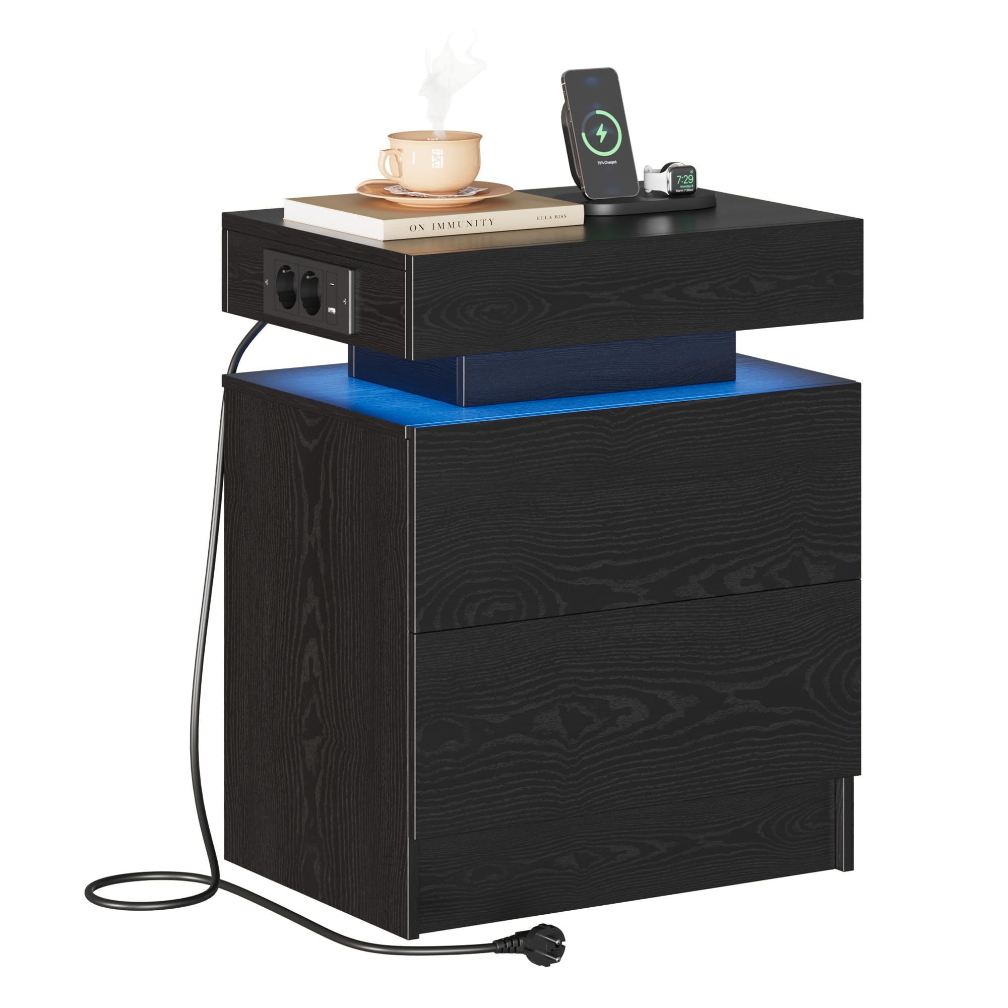 IRONCK Nachttisch Schwarz mit LED-Licht & Ladefunktion, Beistelltisch mit USB+Typ-C Anschlussen, Nachtschrank mit 2 Schubladen, Sofatisch für Schlafzimmer, Wohnzimmer, 35 x 48 x 60 cm