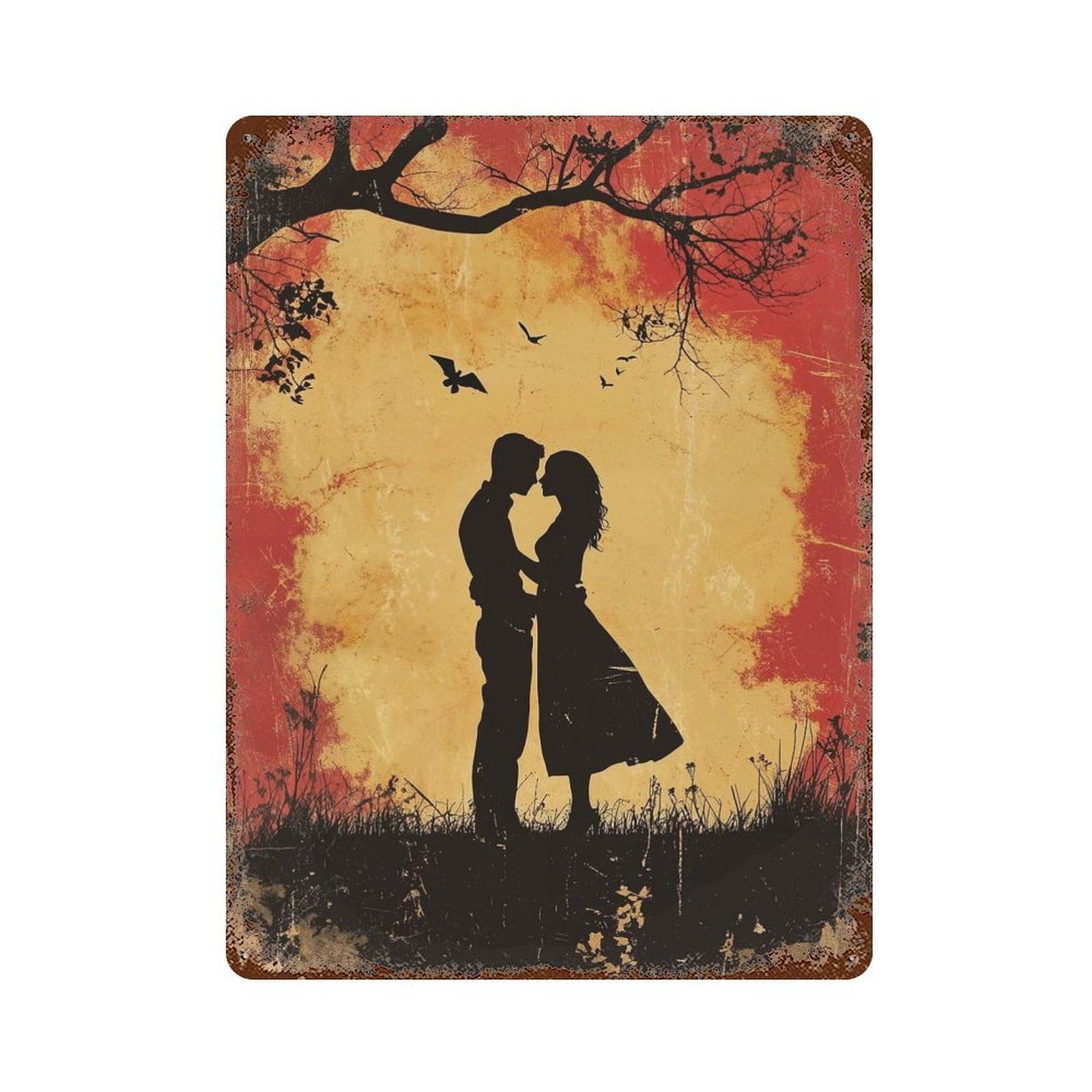 Rust Effect Silhouette Couple Sunset Rustic Tin Plaque 15.7"x11.8", Industrial Home Decor for Bistro, Counter And Cafe Decor