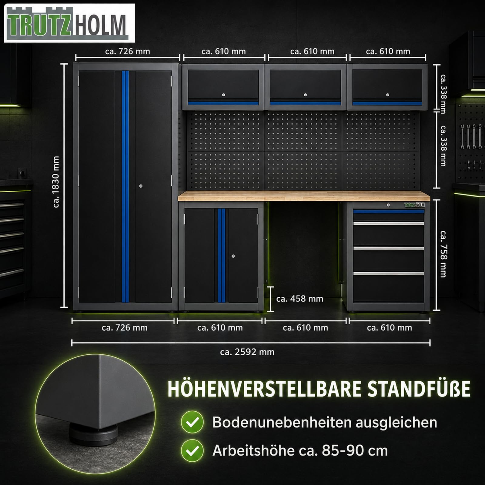 TRUTZHOLM Werkstattwand 13 tlg. aus Stahl 260 x 183 cm modulares Werkstattschranksystem flexibel stellbar & abschließbar mit Holzarbeitsplatte Hochschrank Schubladen Lochwand für Werkstattorganisation