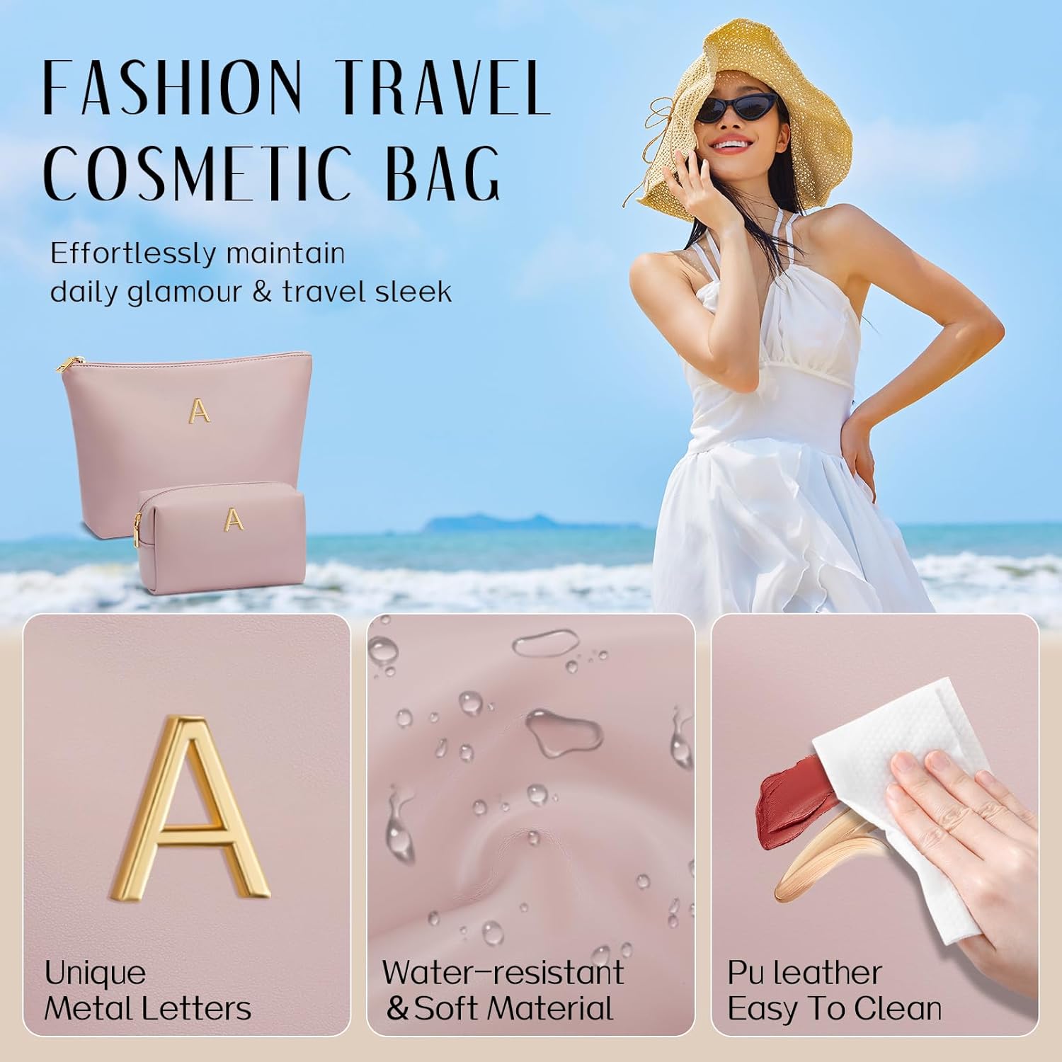 Birthday Gifts for Women Initial Makeup Bag Set Personalized Girl Cosmetic Travel Toiletry Bag Gifts for Bridesmaid Friend Graduation Teachers(Pink,A) - Image 4