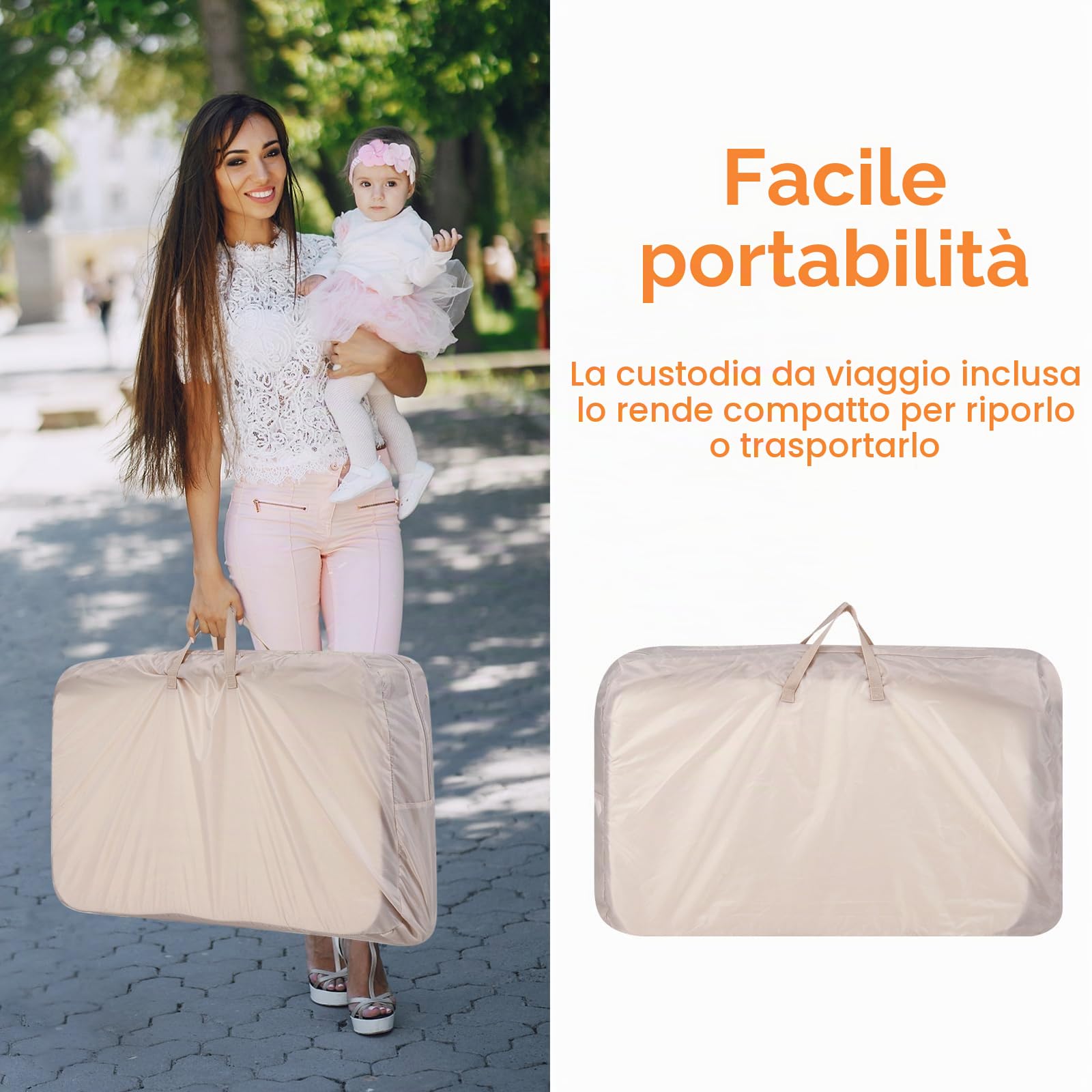 LIFEZEAL Cododo regolabile in 7 altezze, culla pieghevole con borsa portaoggetti, culla in tessuto Oxford con materasso e ruote universali, capacità 9 KG, 95x65x73,5-85,5 CM (beige)