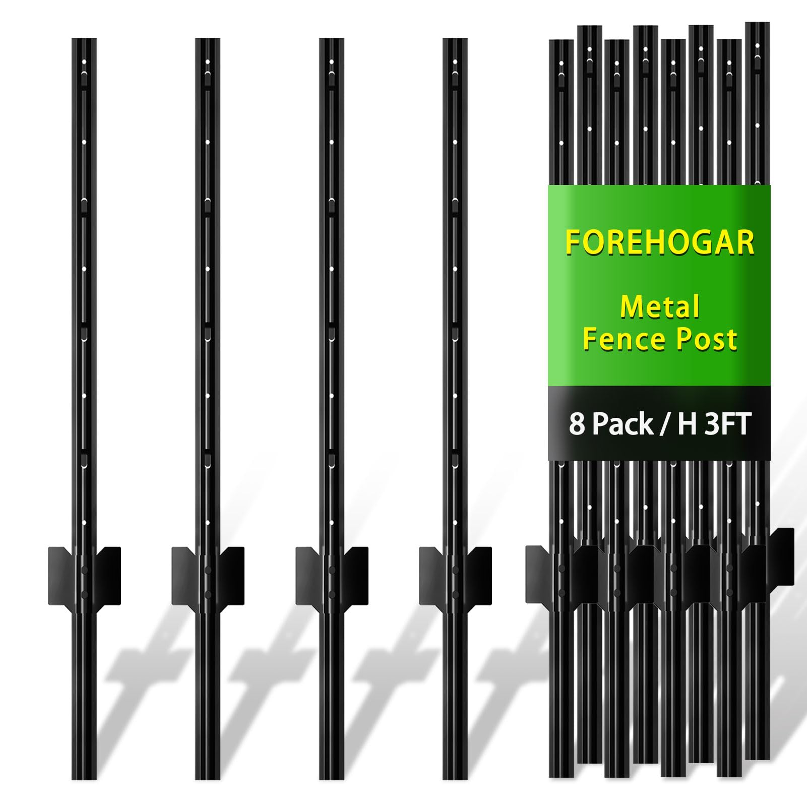 Metal Fence Post 3 Feet Black, Pack of 8, T Posts for Wire Fence, No Dig Steel U Posts Fencing for Lawn Garden Wire Mesh Fence Poles Sign Outdoor Light Duty