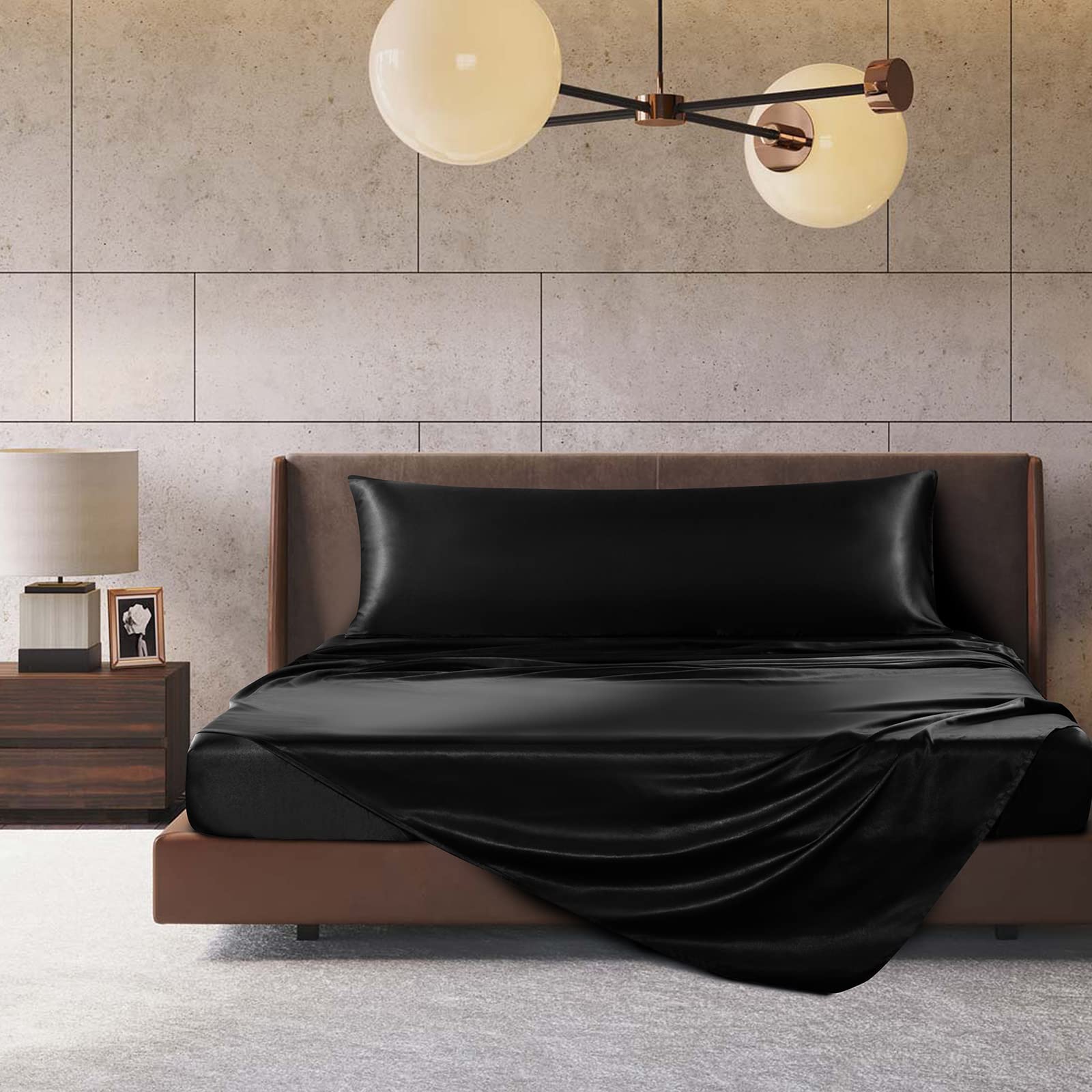 TREELY Funda de almohada de satén para cabello y piel, funda de almohada de satén sedoso de 20 x 48 pulgadas con cierre de sobre, color negro