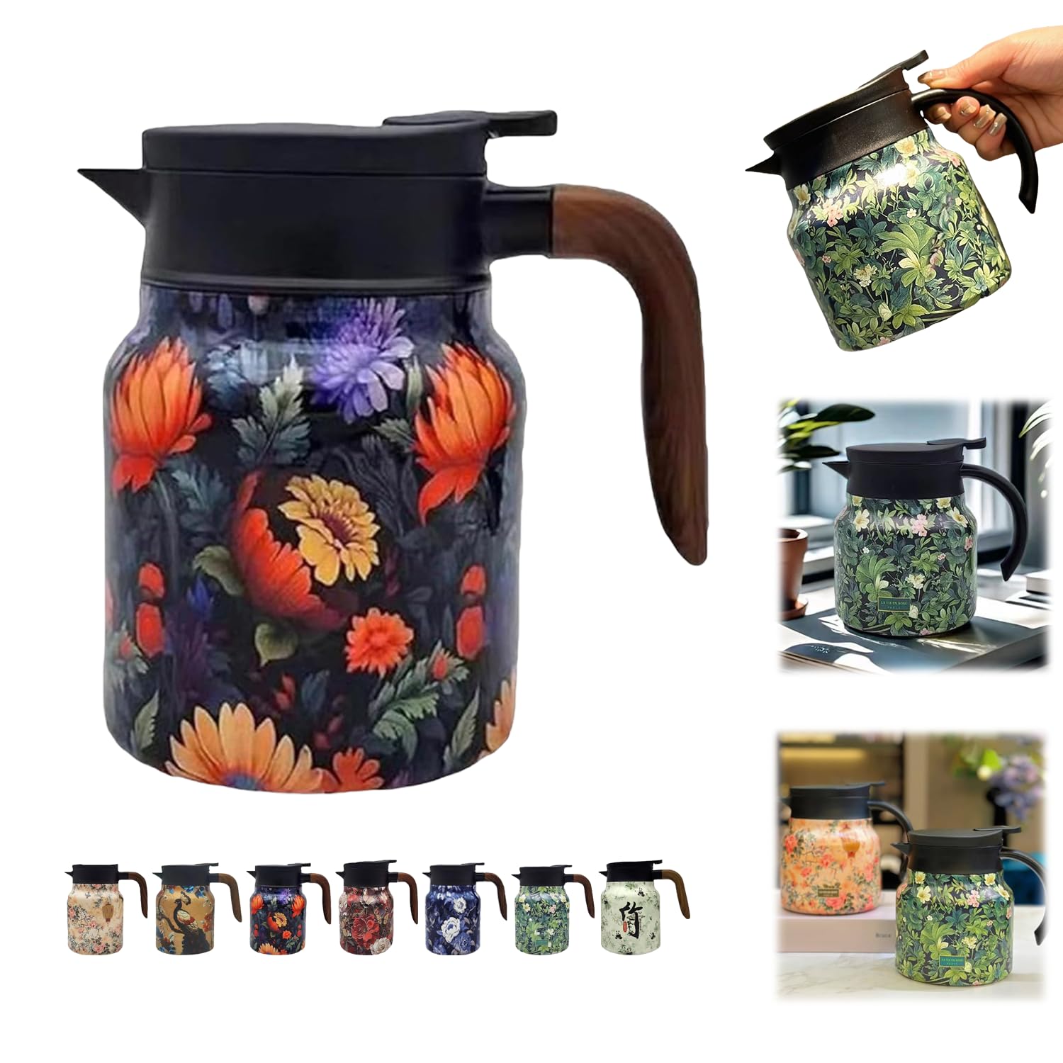 Raidley Vintage Floral Pattern Tea Thermos Built-In Infuser, Doresty Thermos Tea Pot, Stainless Steel Thermal Carafe with Lid for Hot Drinks (Orange-Wooden handle, 35.19)