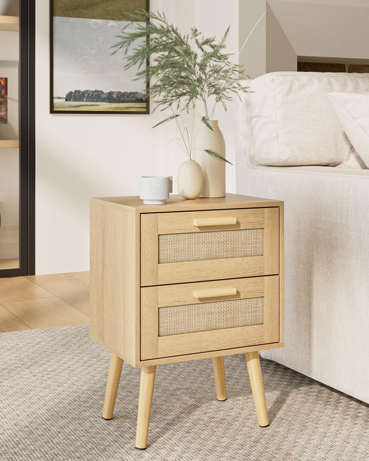 Masupu Rattan Night Stand,Modern nightstand Boho Bedside Table with 2 Drawer,Small End Side Table for Bedroom,Living Room,Office,Natural
