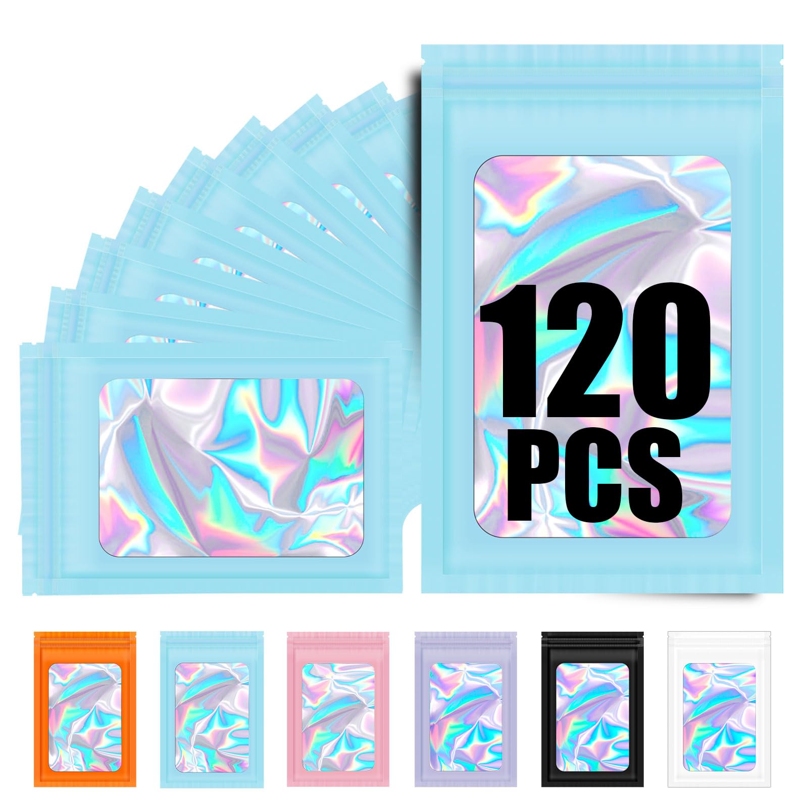 120PCS Smell Proof Mylar Bags,6.3"x9.5"Resealable Bag for Small Business,Holographic Packaging Bags with Clear Window,Foil Pouch Sample Snack Candy