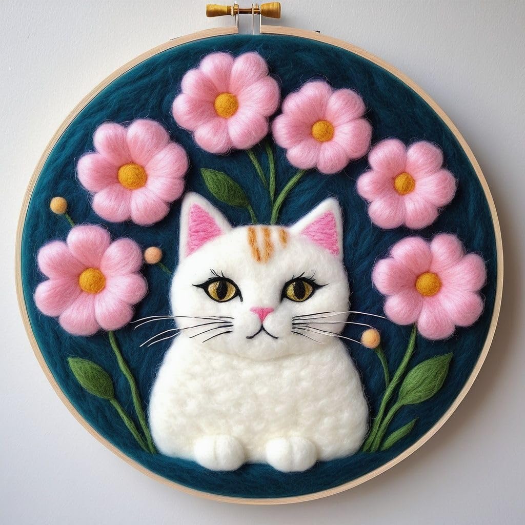 yesJRL Needle Felting Kits Beginners, Cat Pattern DIY Wool Needle Felting Starter Kit, Easy Needle Felt Set with Picture Frame, Foam Pad, Felt Cloth and Instructions for Home Decoration (White Cat)