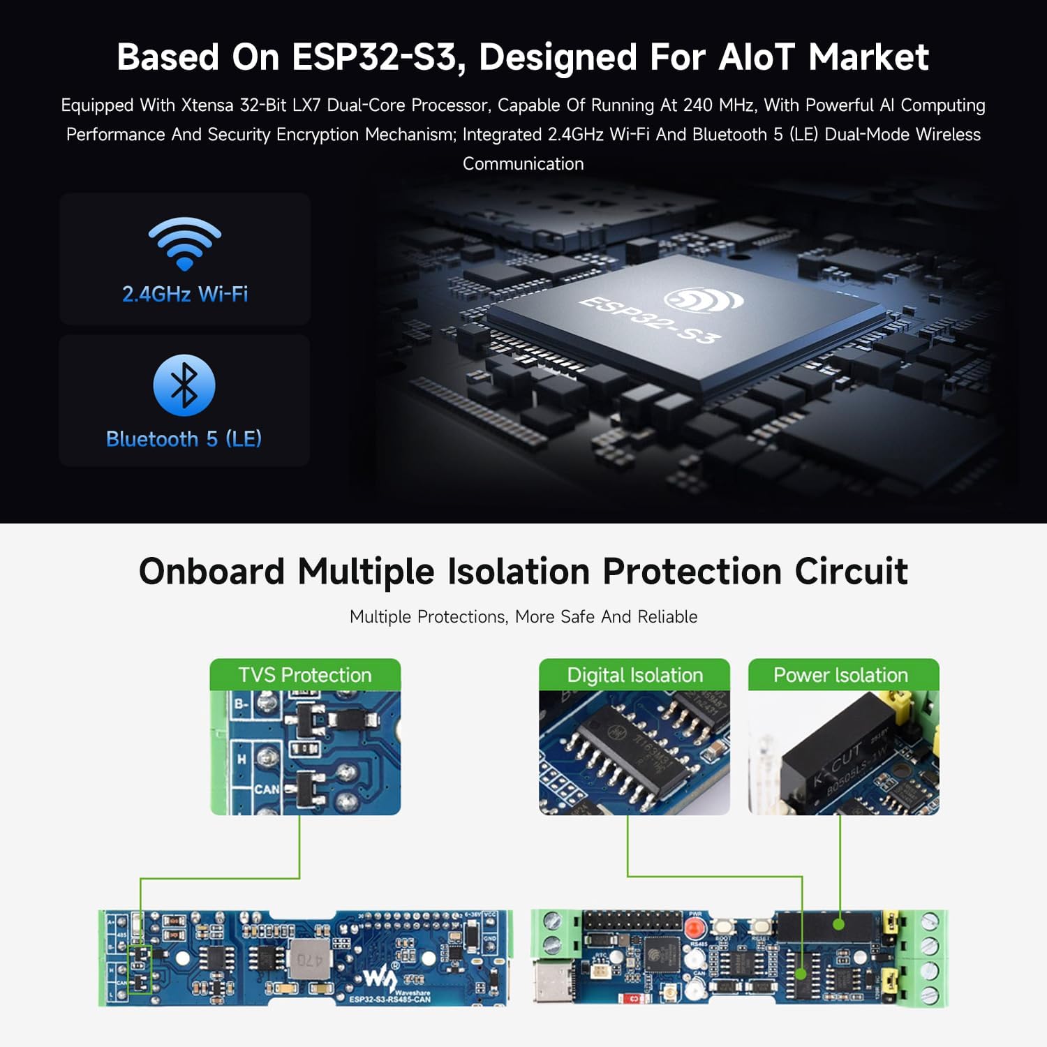 Waveshare Industrial ESP32-S3 Control Board with RS485 and CAN Communication Interfaces, Wi-Fi/Bluetooth Support, Built-in Multiple Protection Circuits