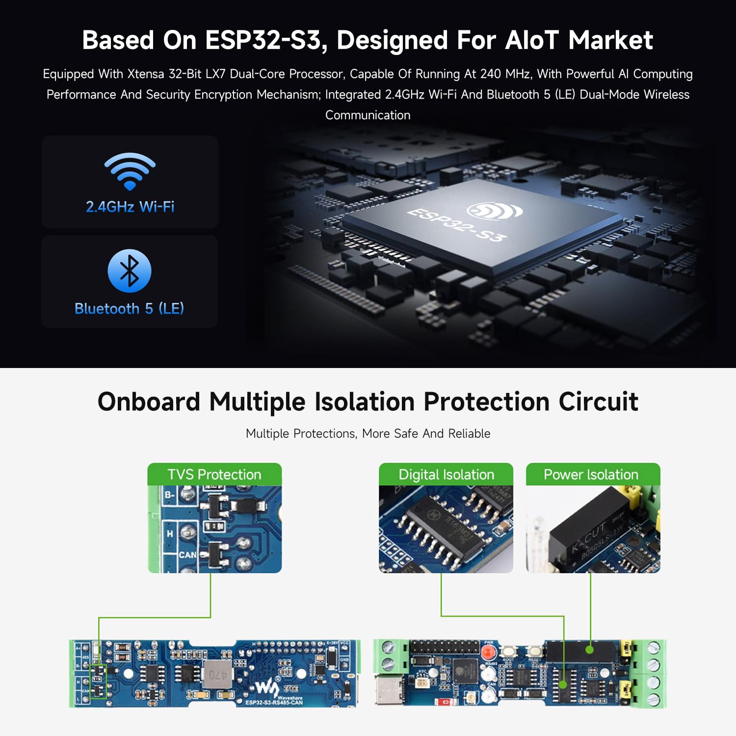 Waveshare Industrial ESP32-S3 Control Board with RS485 and CAN Communication Interfaces, Wi-Fi/BT Support, Built-in Multiple Protection Circuits
