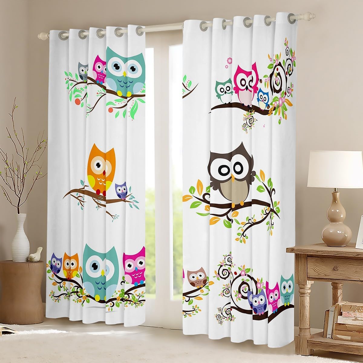 Cartoon Owl Curtains for Bedroom Living Room Kids Cute Animal Floral Leaf Printe Comter Kawaii Bird Branches ative Darkening Dreapes Owls Design White Window Treatments (2 Panels, 38 x 54 Inch)